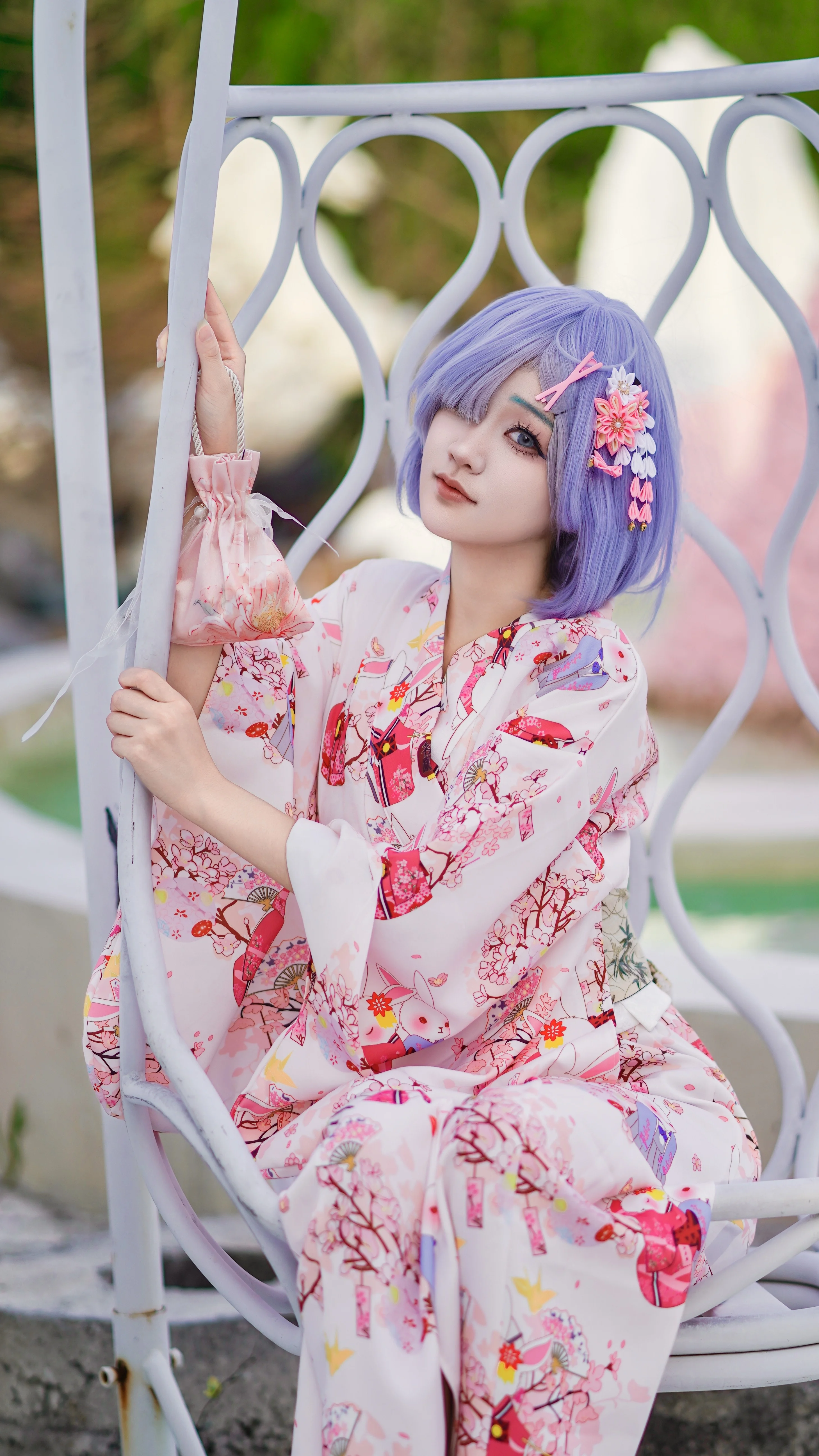 【レム コスプレ】桜の木の下の夏浴衣と優しい横顔 - 3 枚目