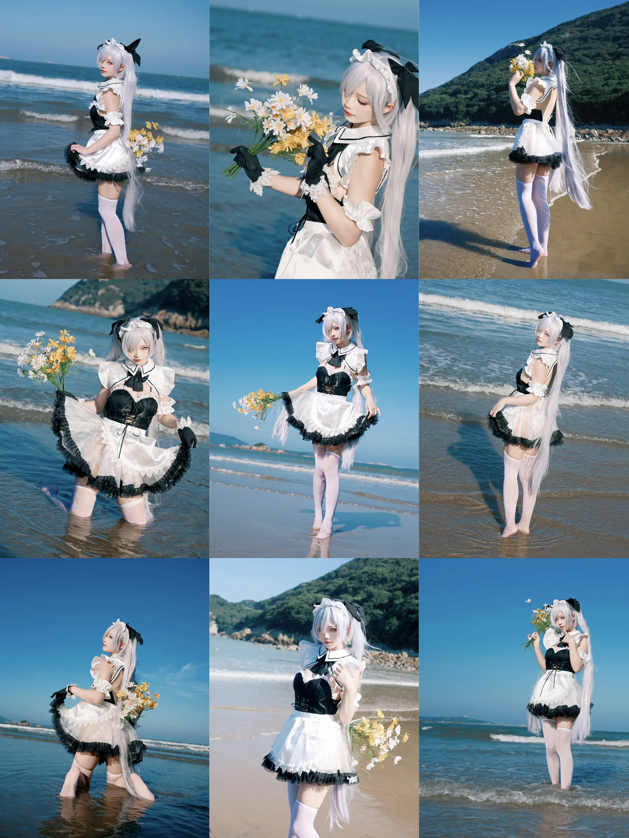 黑白女仆装的海边漫步，晴空碧浪下的二次元写真 - 第 1 张