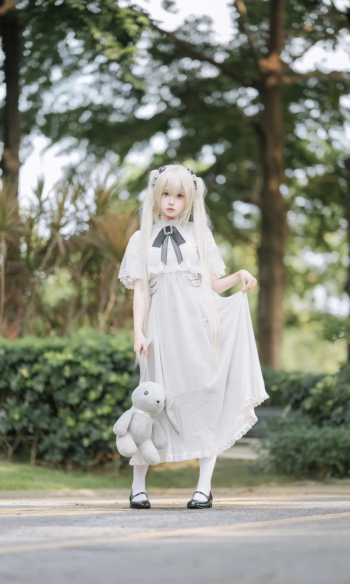 【春日野穹cos】緣之空的白裙與灰兔