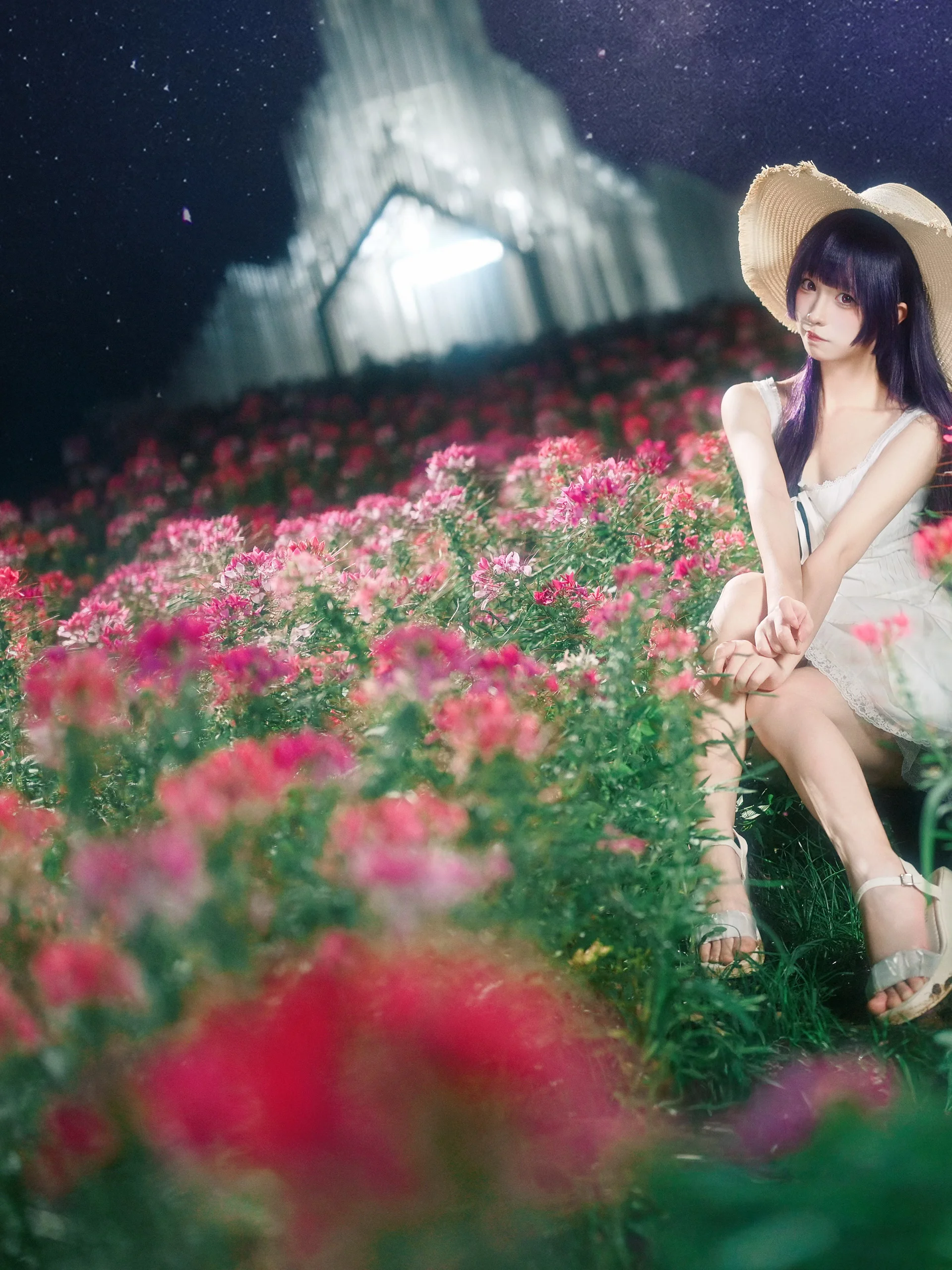 【五更琉璃cos】夜晚花海里的黑猫，透明伞下的二次元少女 - 第 3 张