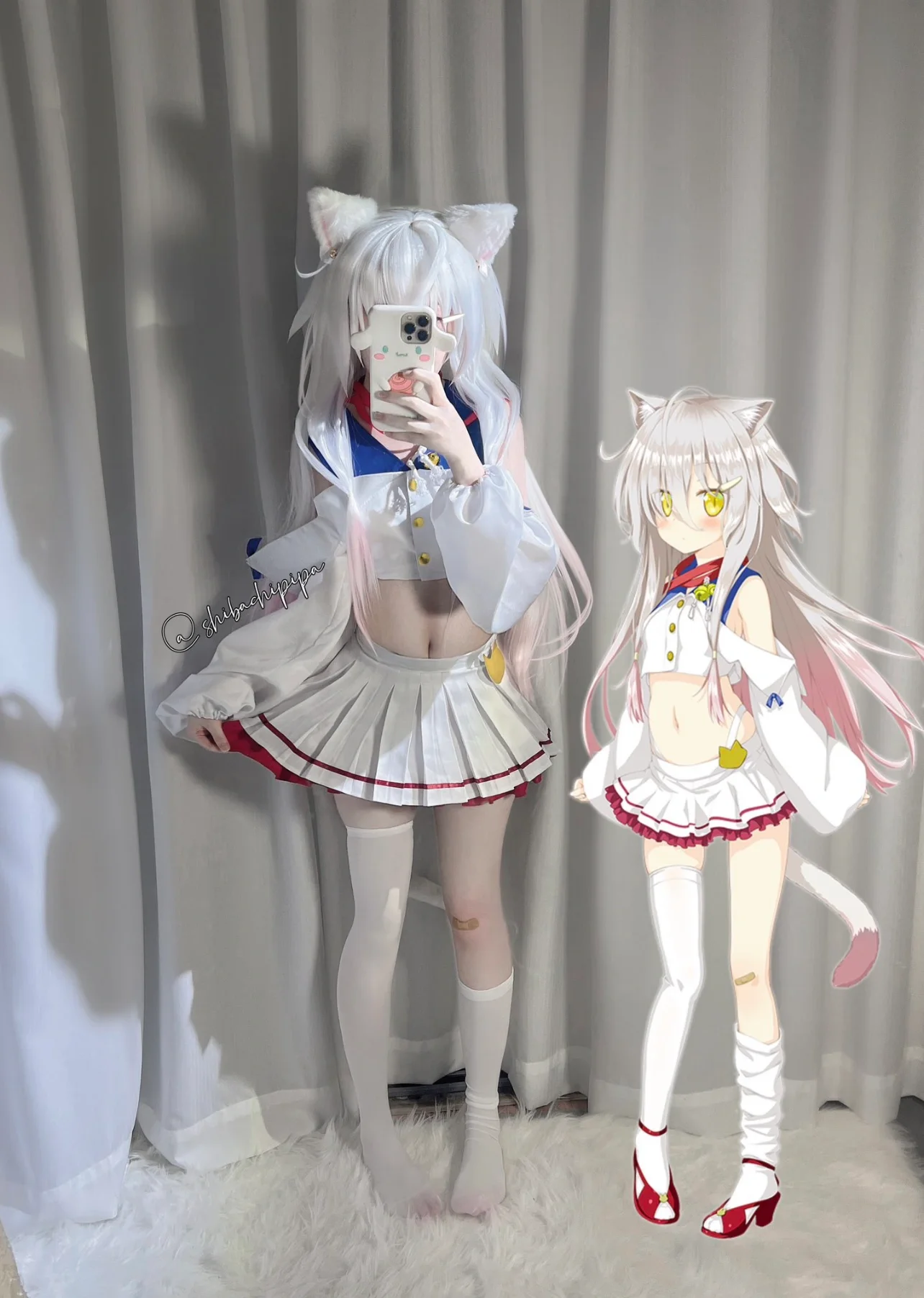 白毛猫耳水手服搭配过膝袜，这套制服感拉满