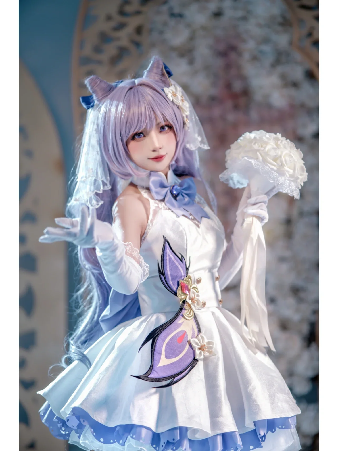 【刻晴cos】原神花嫁造型，白纱与紫发的浪漫碰撞 - 第 3 张