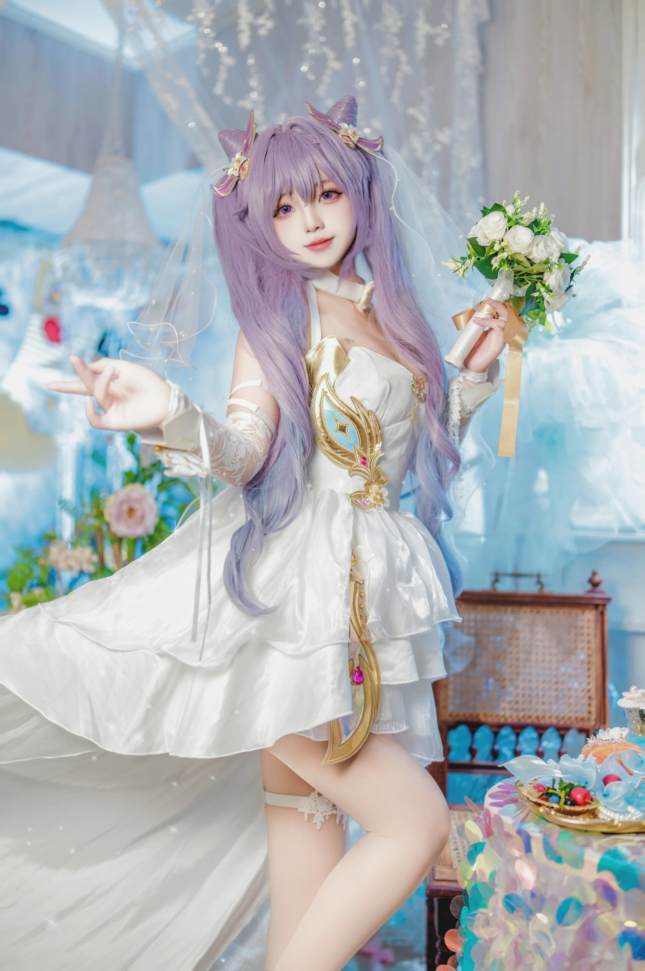 【刻晴cos】原神刻晴的纯白婚纱造型
