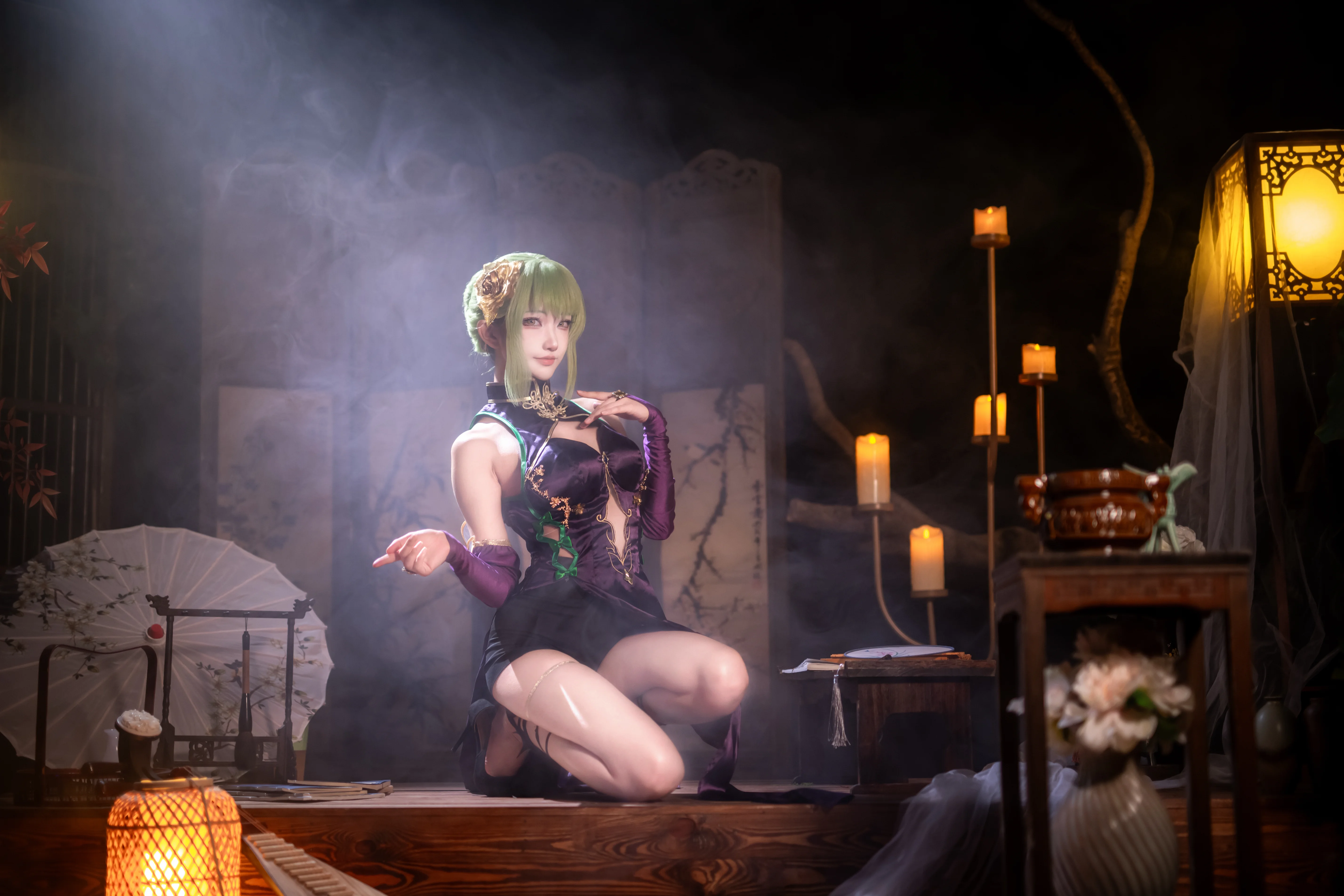 [C.C. cosplay] Code Geass: Lelouch of the Rebellion—The Witch Temperament Under a Purple Qipao - Image 10
