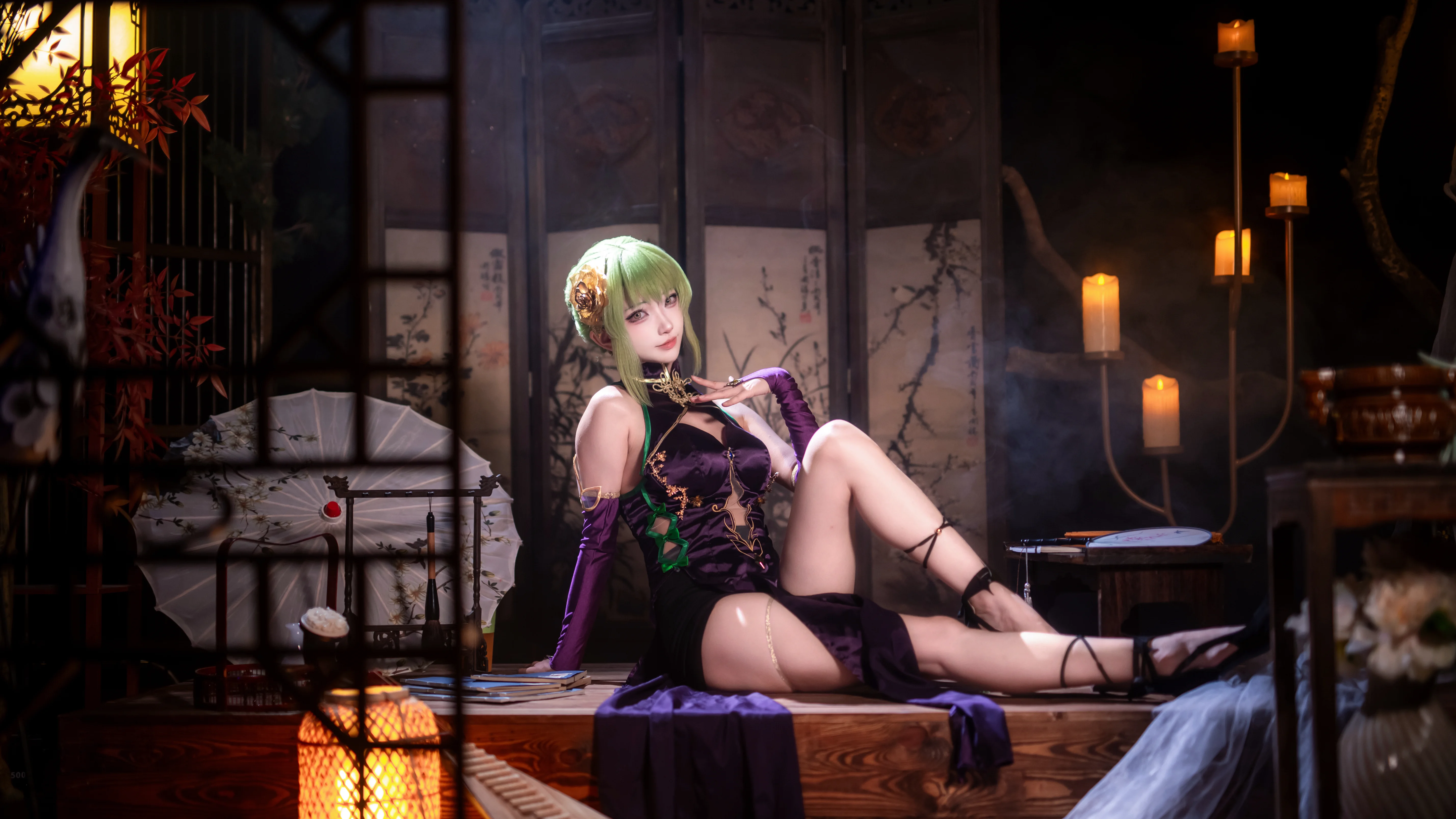 [C.C. cosplay] Code Geass: Lelouch of the Rebellion—The Witch Temperament Under a Purple Qipao - Image 9