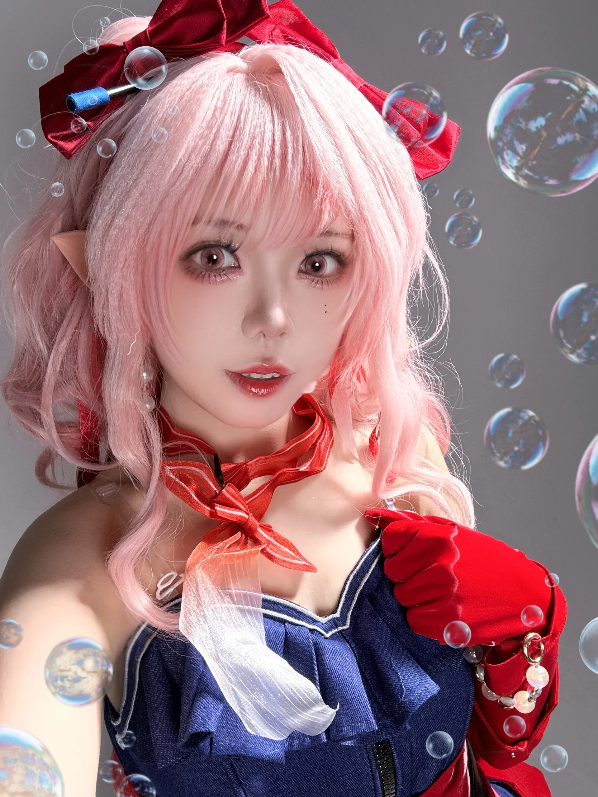 【モモカコスプレ】アークナイツの泡影蒼霆、ピンク髪エルフ耳スタイリング