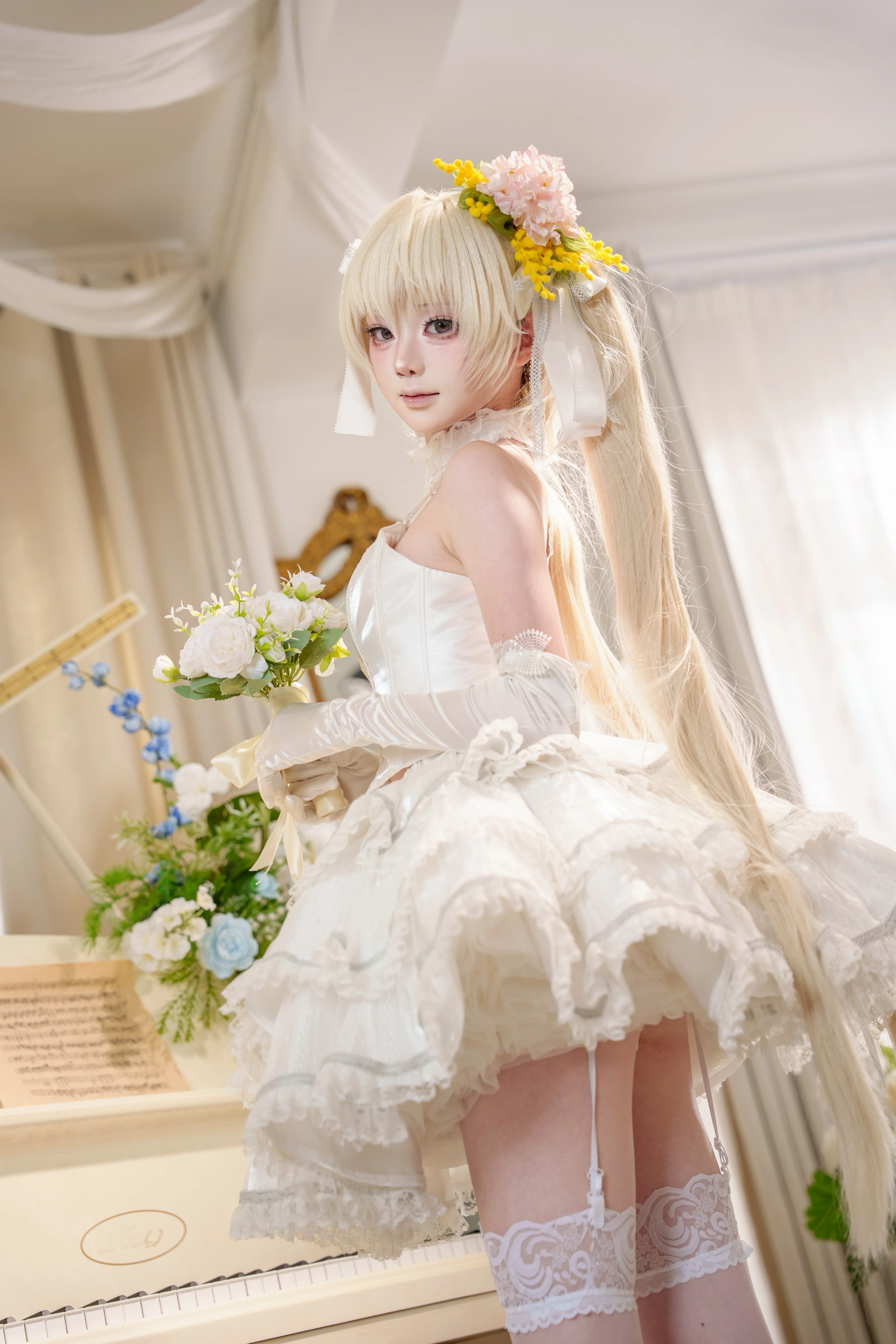 [Kasugano Sora cosplay] Pure White Bride and a Quiet Afternoon by the Piano - Image 4