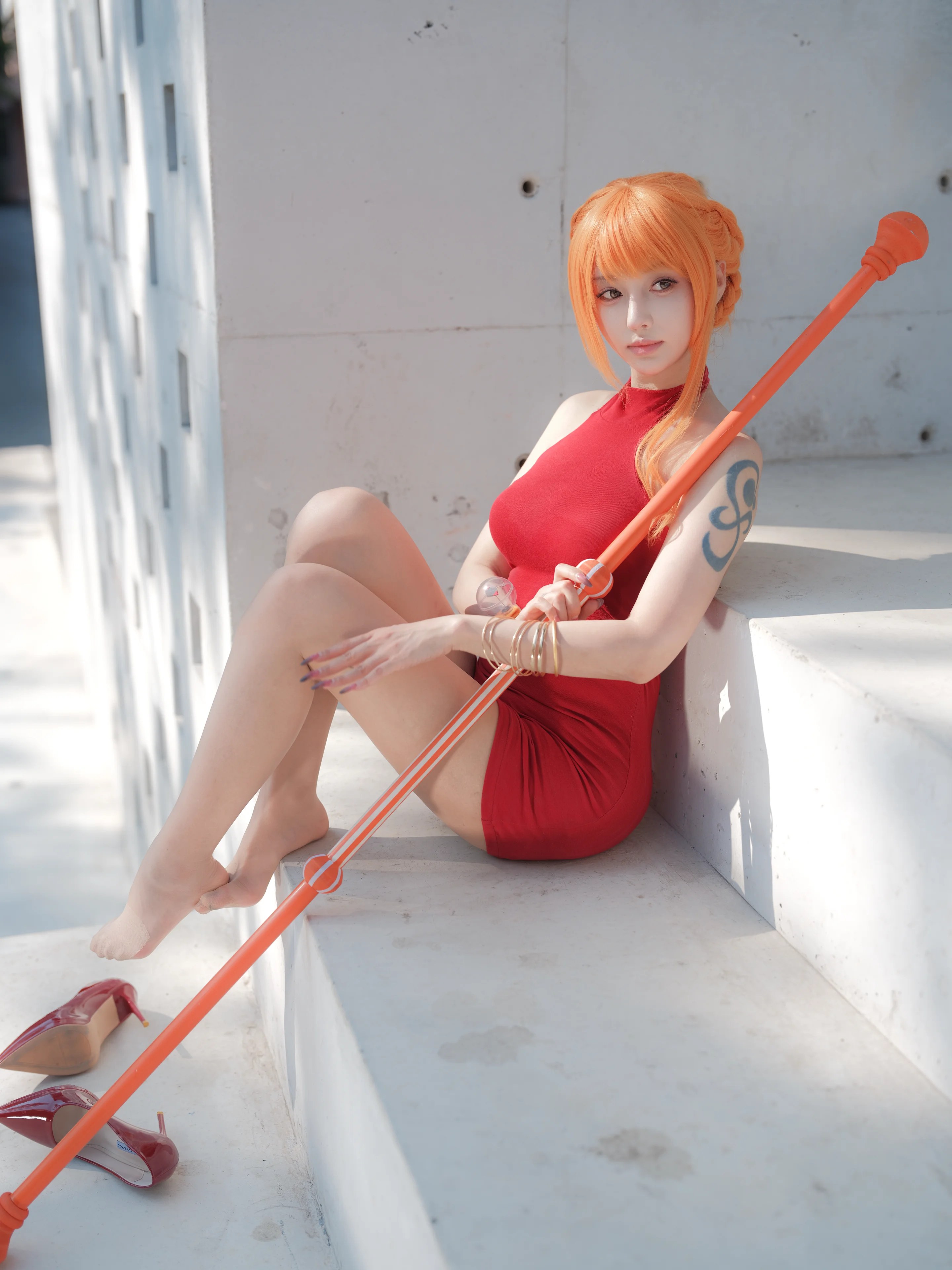 [Nami cosplay] One Piece Whole Cake Island Arc, Striking Red Dress and Orange Braided Hair - Image 1
