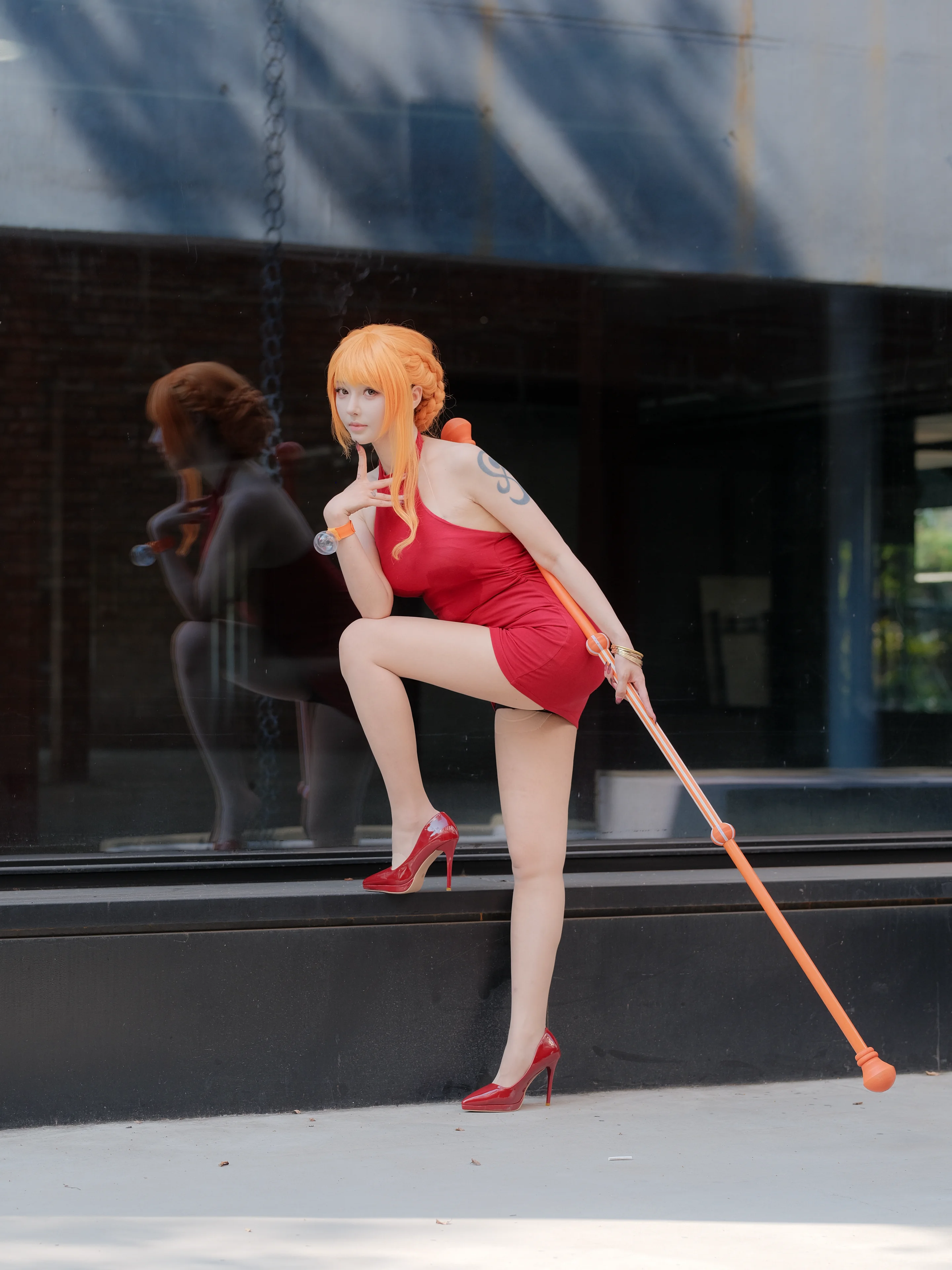 [Nami cosplay] One Piece Whole Cake Island Arc, Striking Red Dress and Orange Braided Hair - Image 2