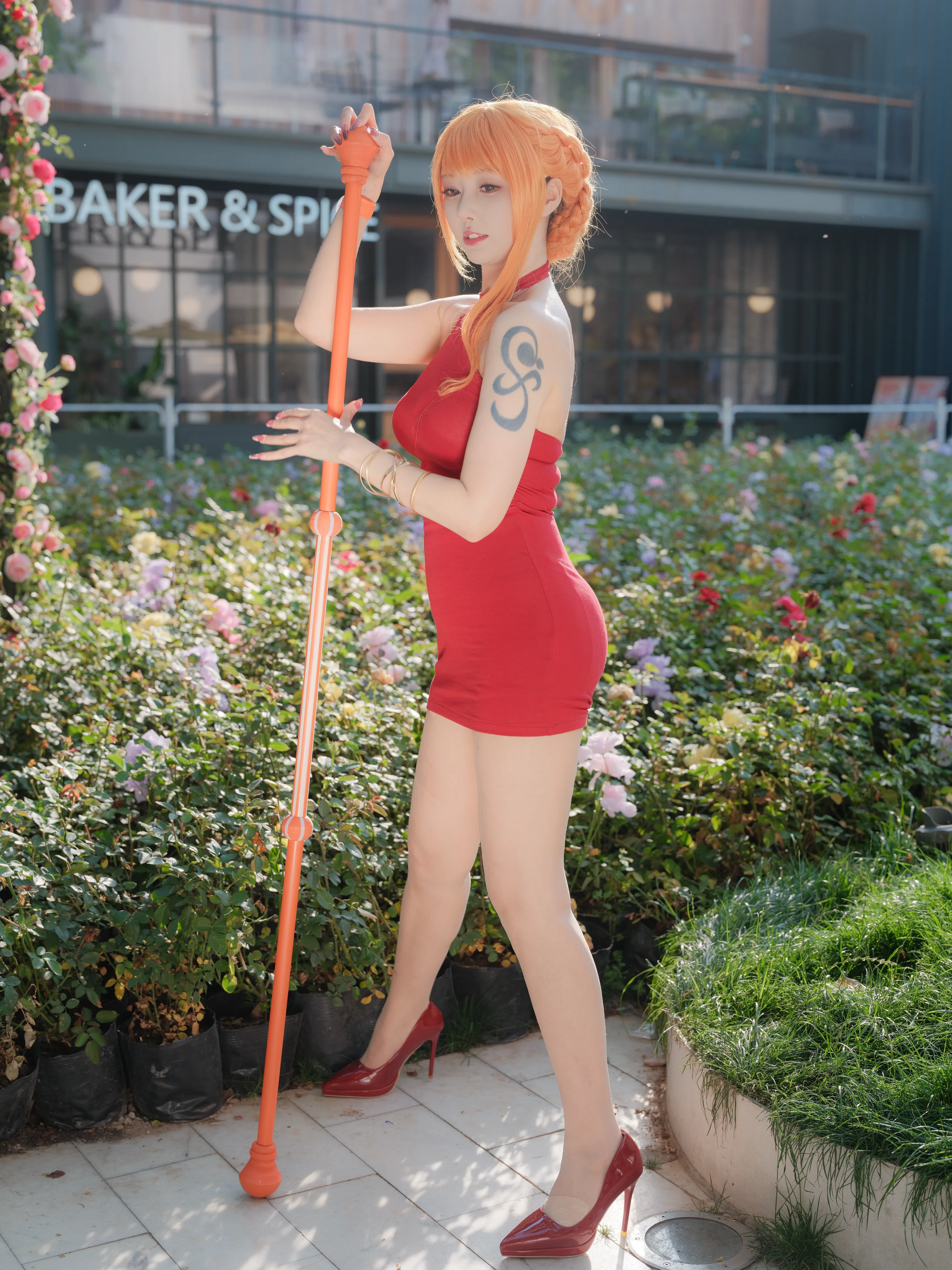 [Nami cosplay] One Piece Whole Cake Island Arc, Striking Red Dress and Orange Braided Hair - Image 5