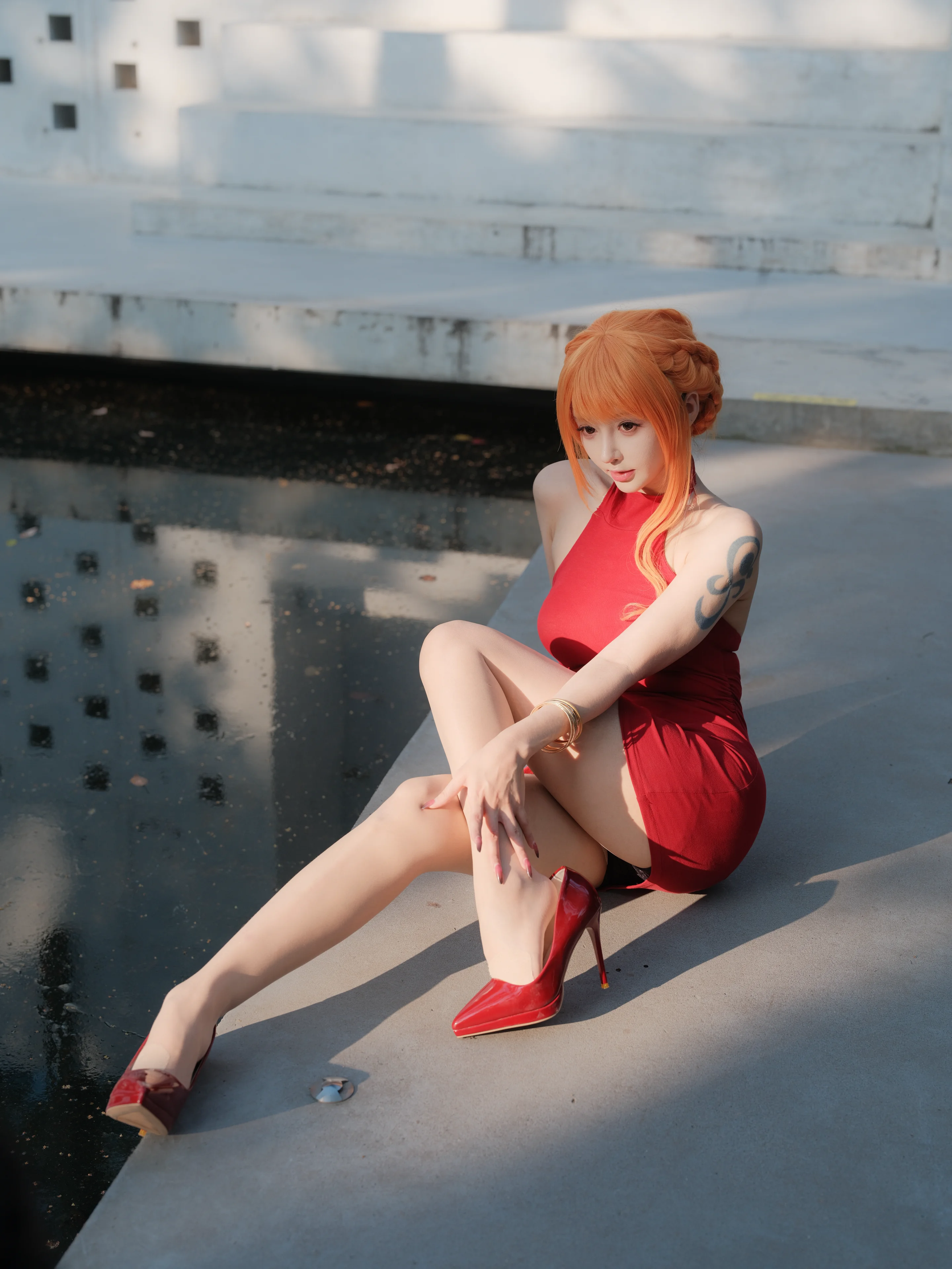 [Nami cosplay] One Piece Whole Cake Island Arc, Striking Red Dress and Orange Braided Hair - Image 6
