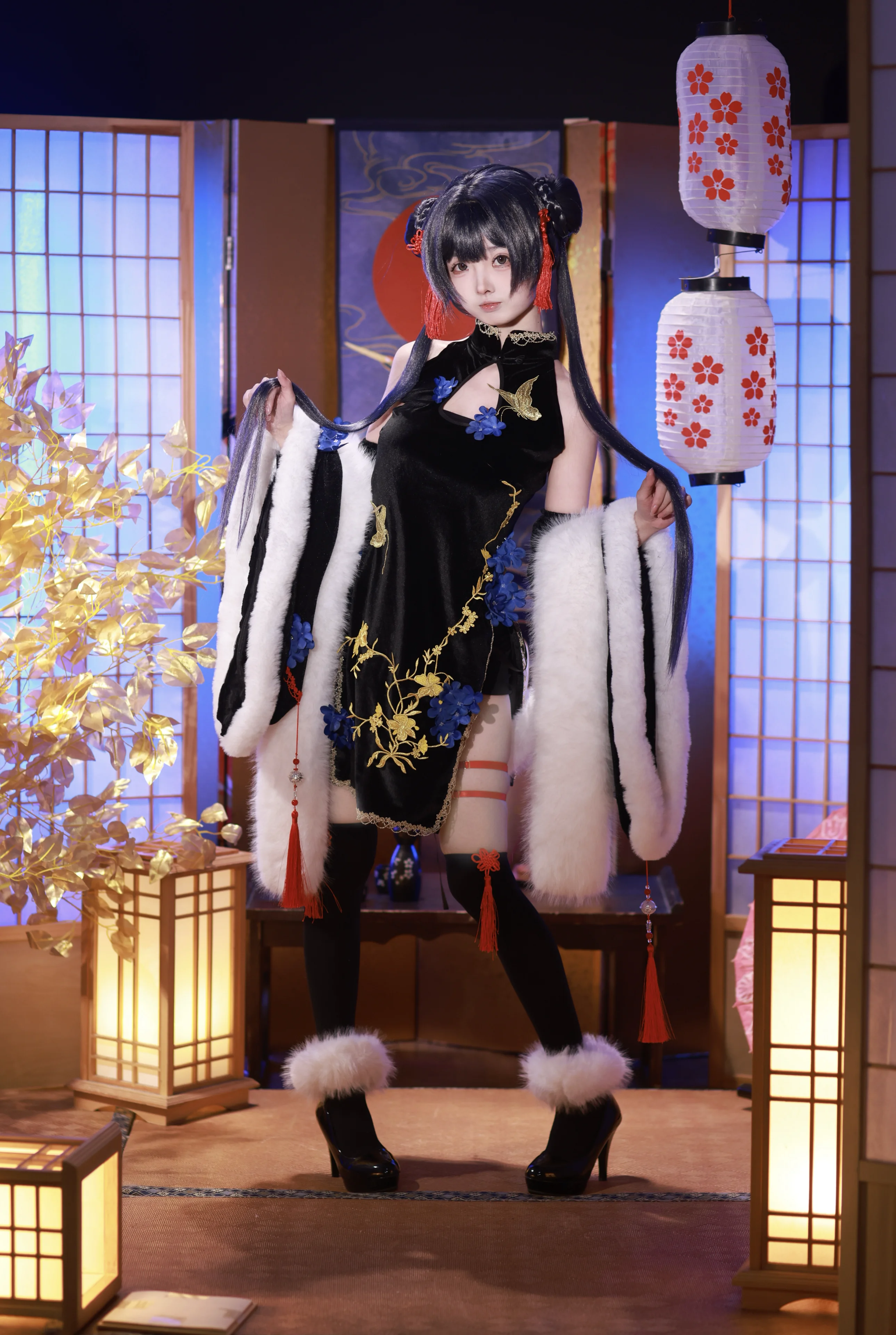 【妃咲cos】蔚蓝档案同人旗袍造型，雪白毛绒与黑色经典 - 第 1 张