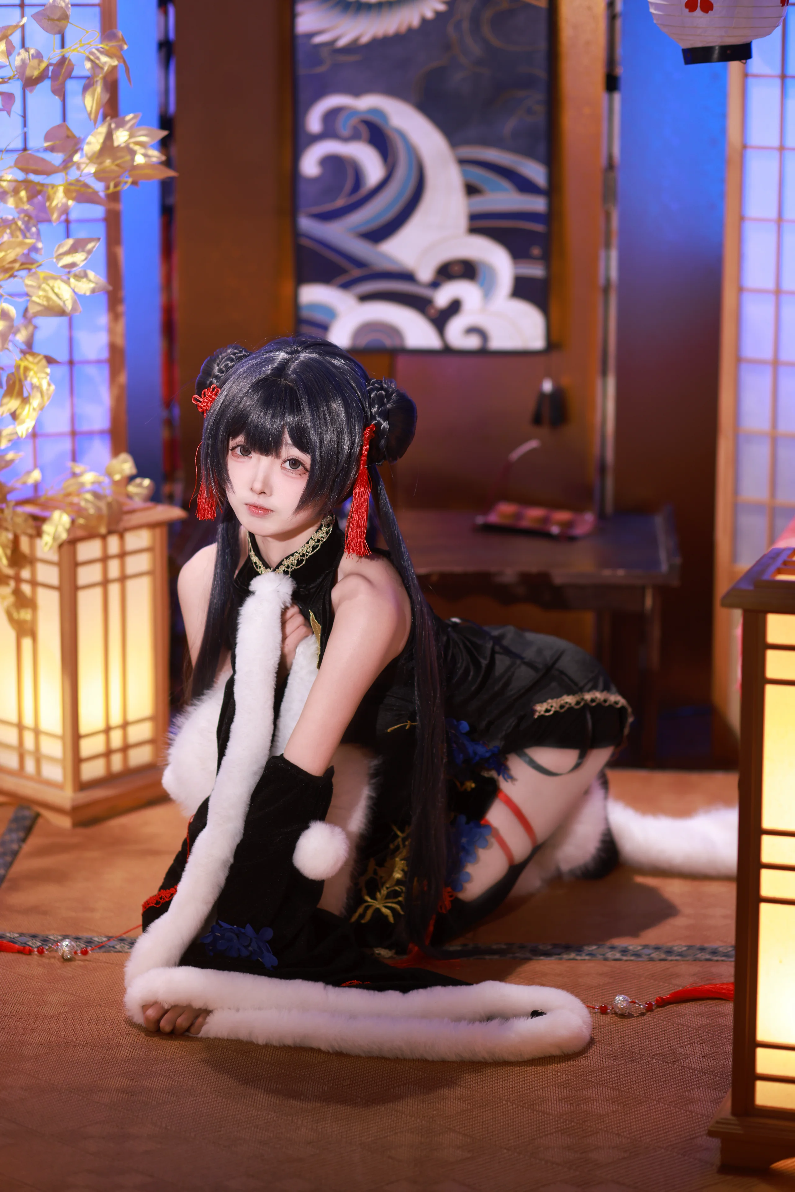 【妃咲cos】蔚蓝档案同人旗袍造型，雪白毛绒与黑色经典 - 第 3 张