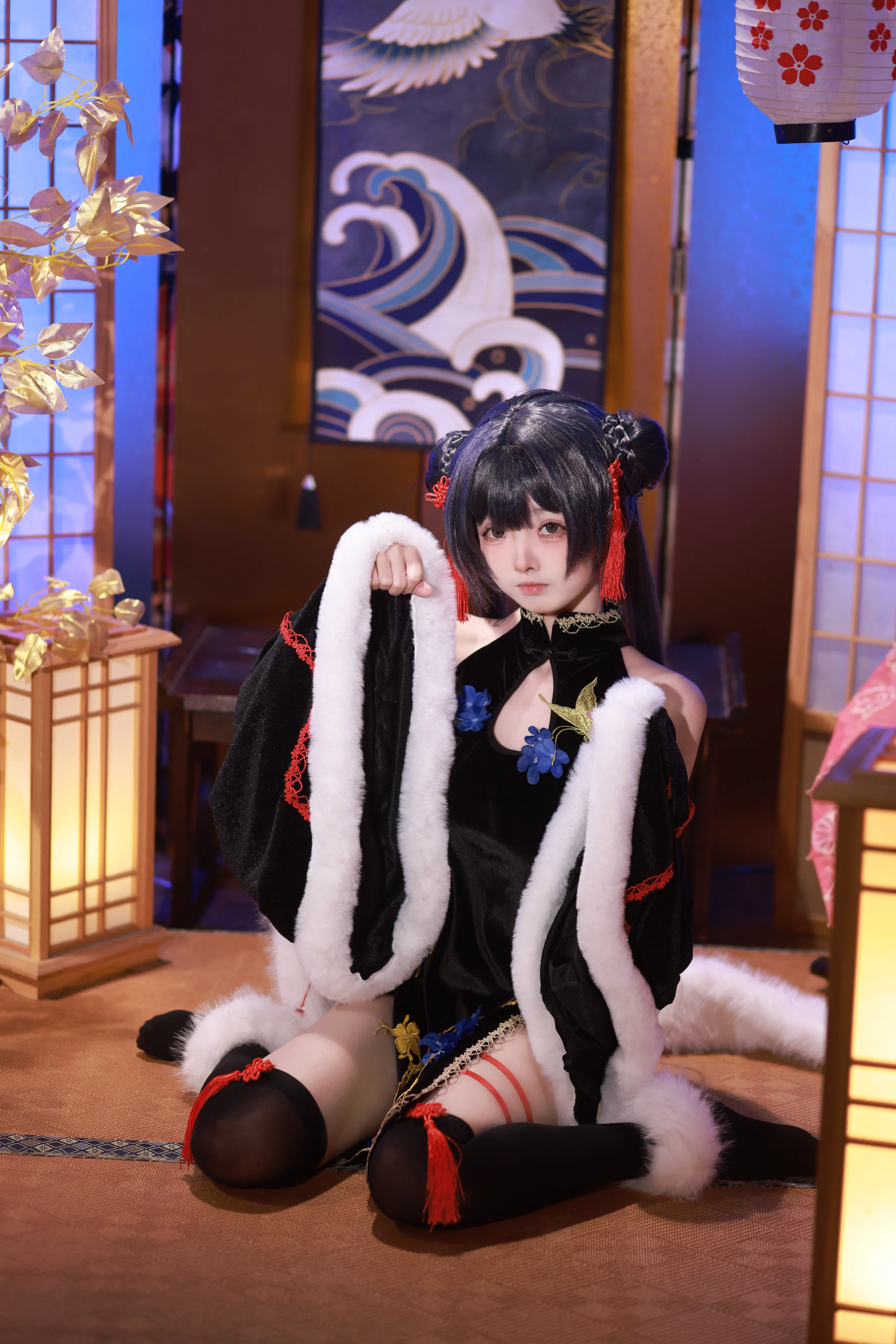 【妃咲cos】蔚蓝档案同人旗袍造型，雪白毛绒与黑色经典 - 第 4 张