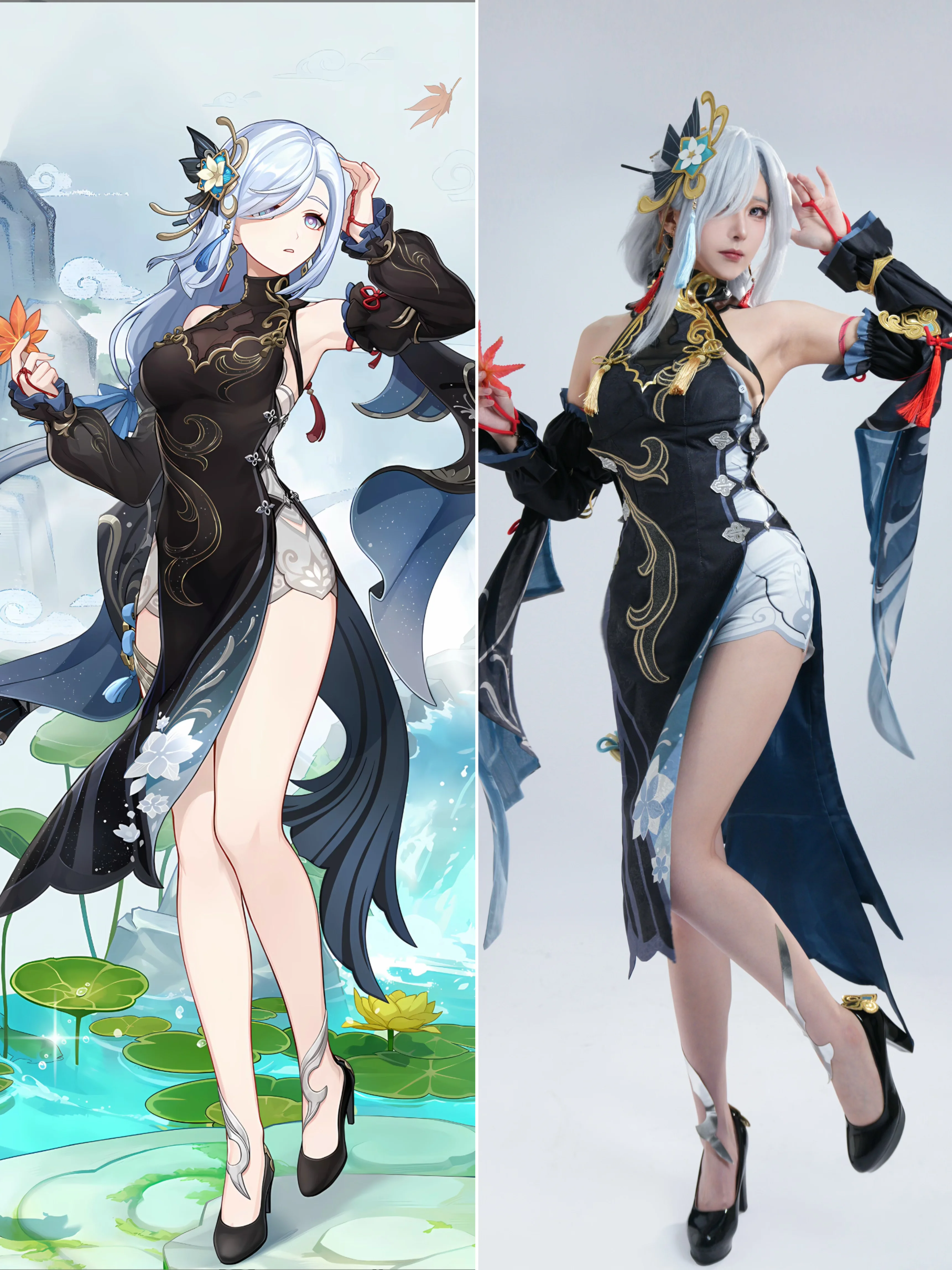 【申鹤cos】还原原神申鹤立绘，黑金国风旗袍与银白发丝的契合度 - 第 1 张