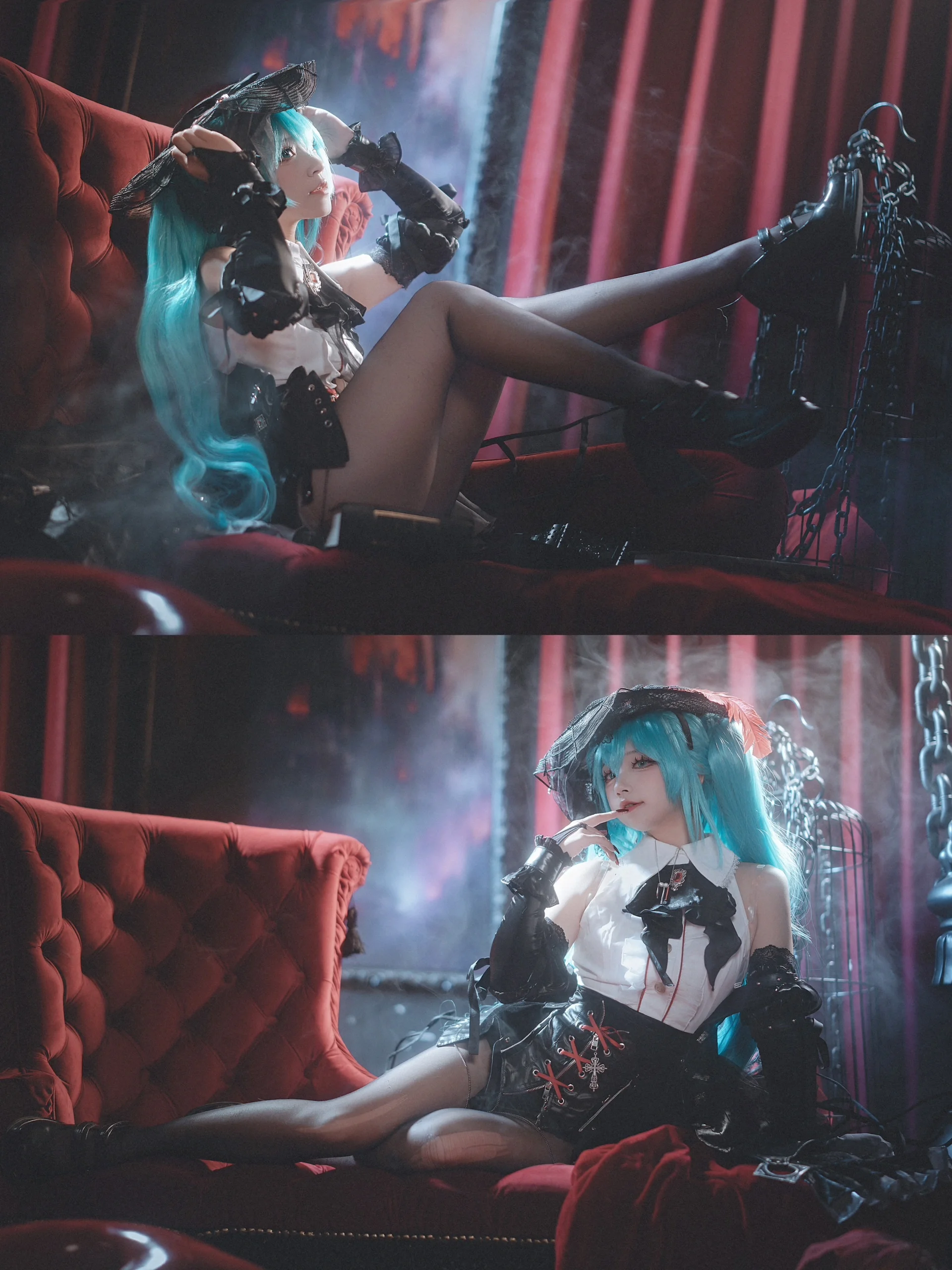 【初音未来cos】哥特复古暗黑风，红沙发与提灯的氛围感 - 第 1 张