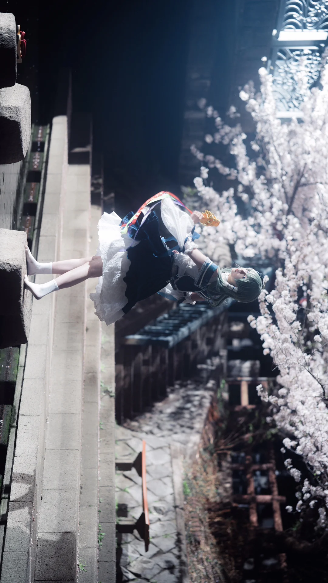 【东风谷早苗cos】东方project，夜樱与水面的全屏美学 - 第 8 张