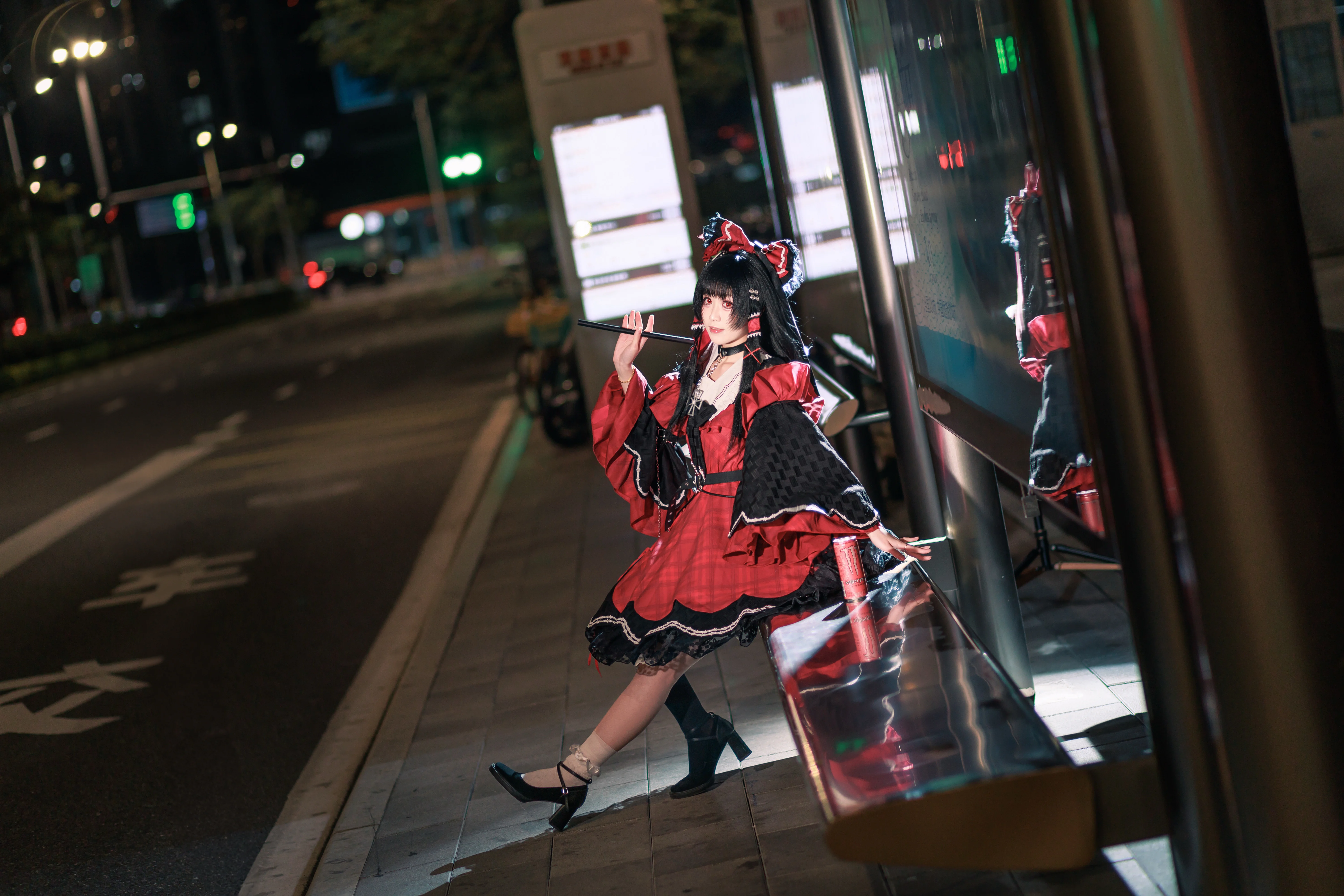 【博丽灵梦cos】东方project天雷夜景下的红黑搭配 - 第 5 张