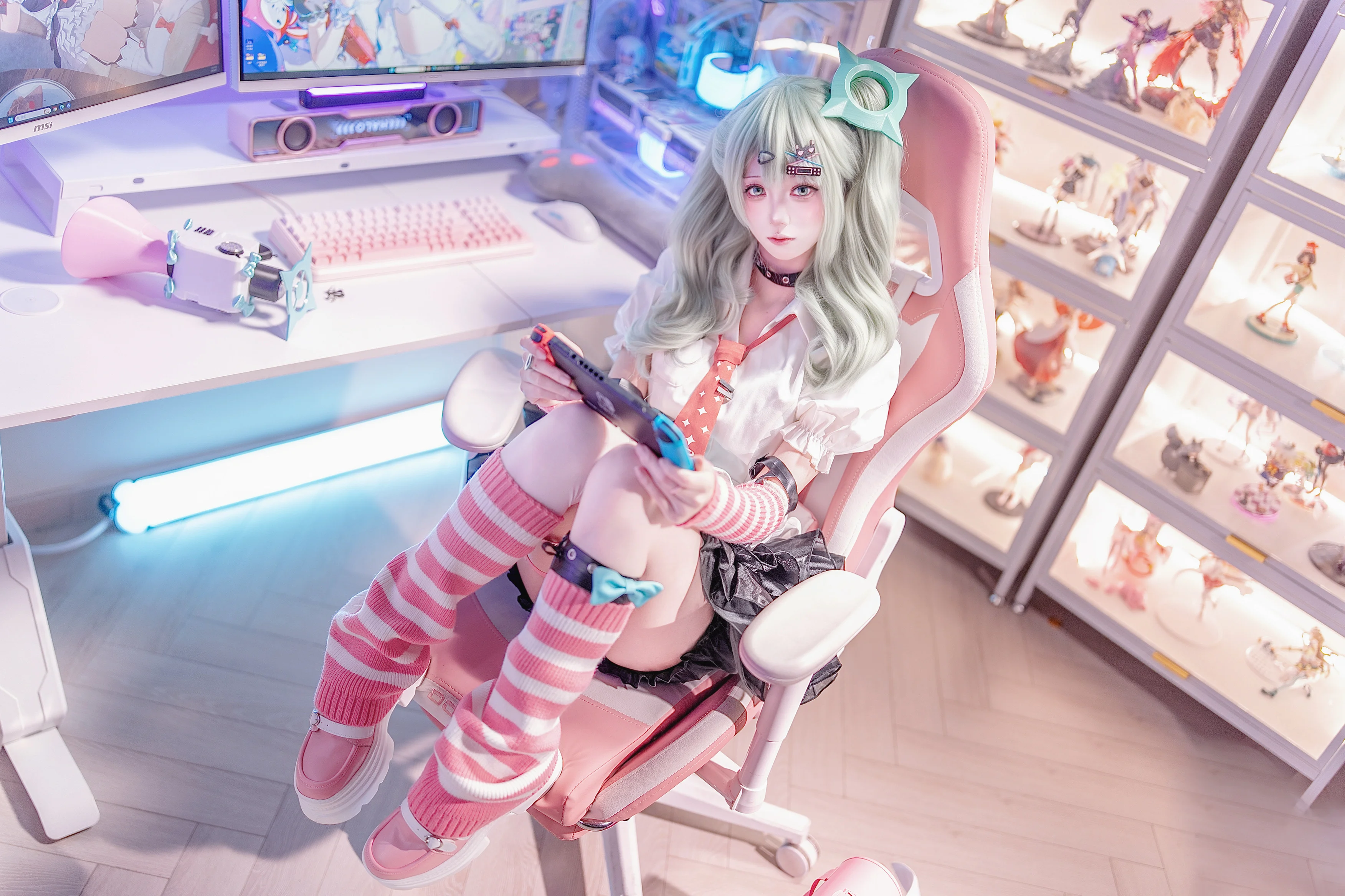【千夏cos】绝区零棚拍，薄荷绿与粉白条纹的碰撞 - 第 2 张