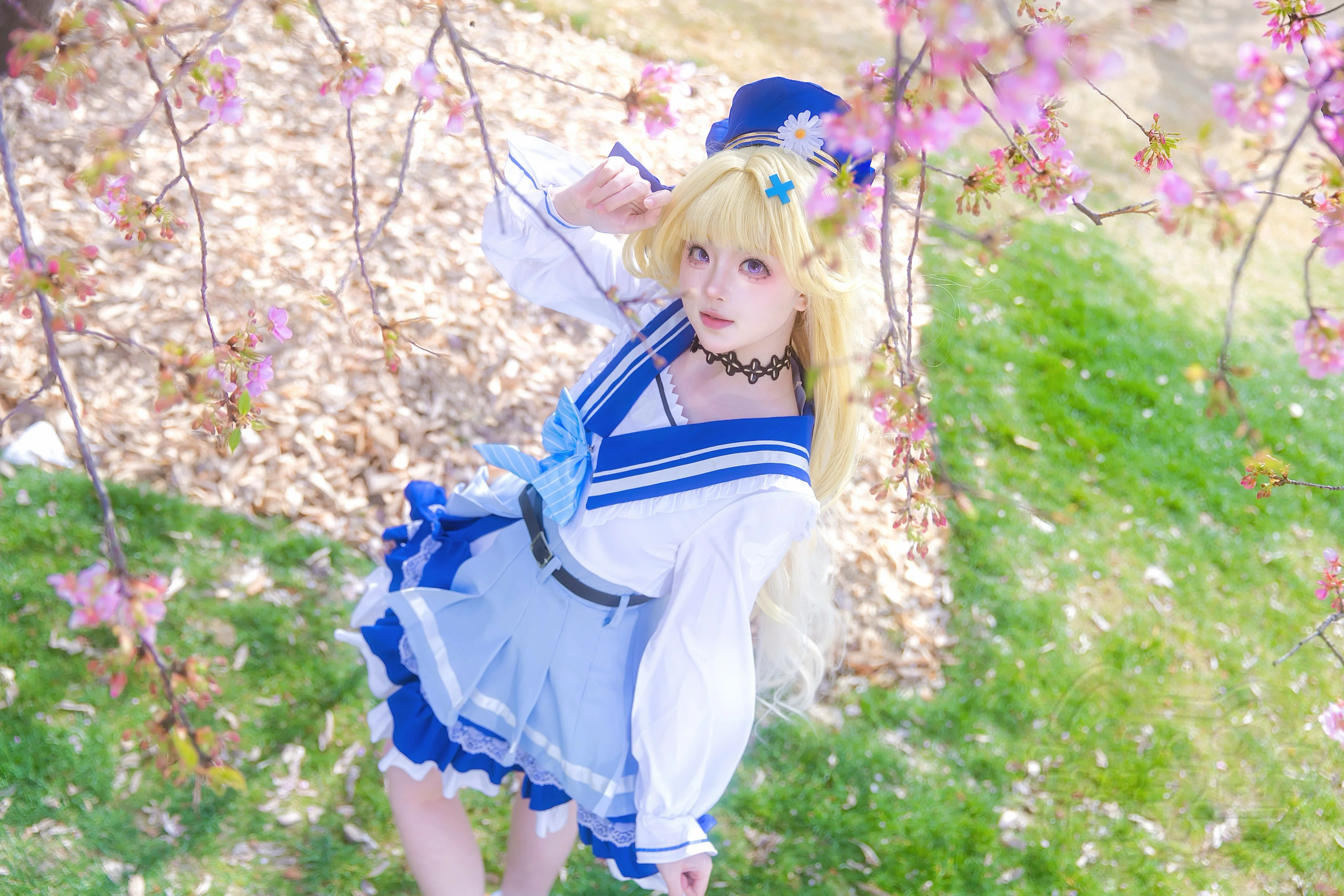 【菲比cos】鸣潮里的蓝白水手服少女，早樱下的温柔片刻 - 第 5 张