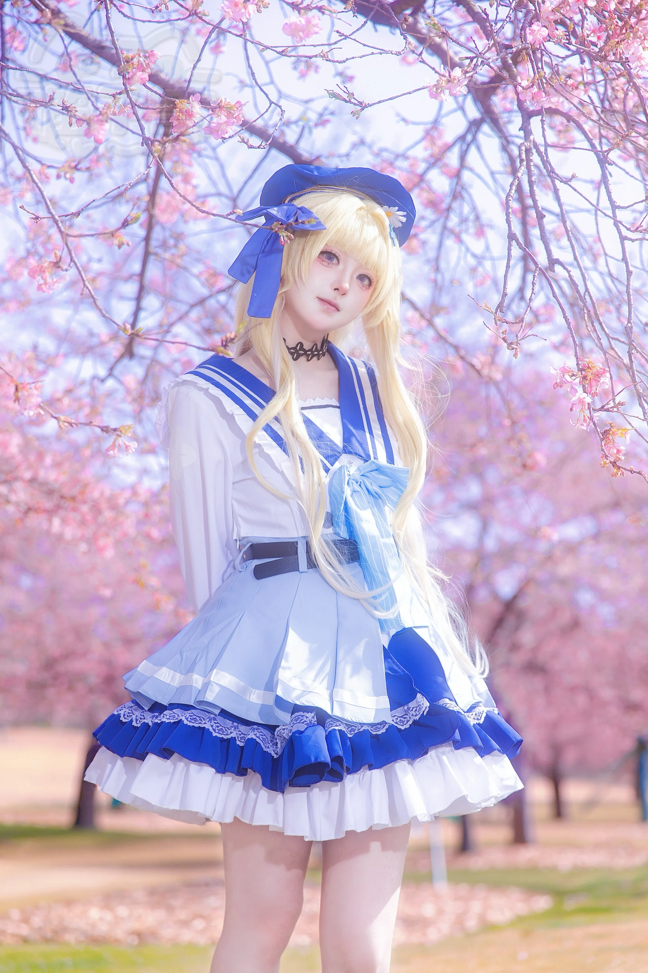 【菲比cos】鸣潮里的蓝白水手服少女，早樱下的温柔片刻 - 第 6 张