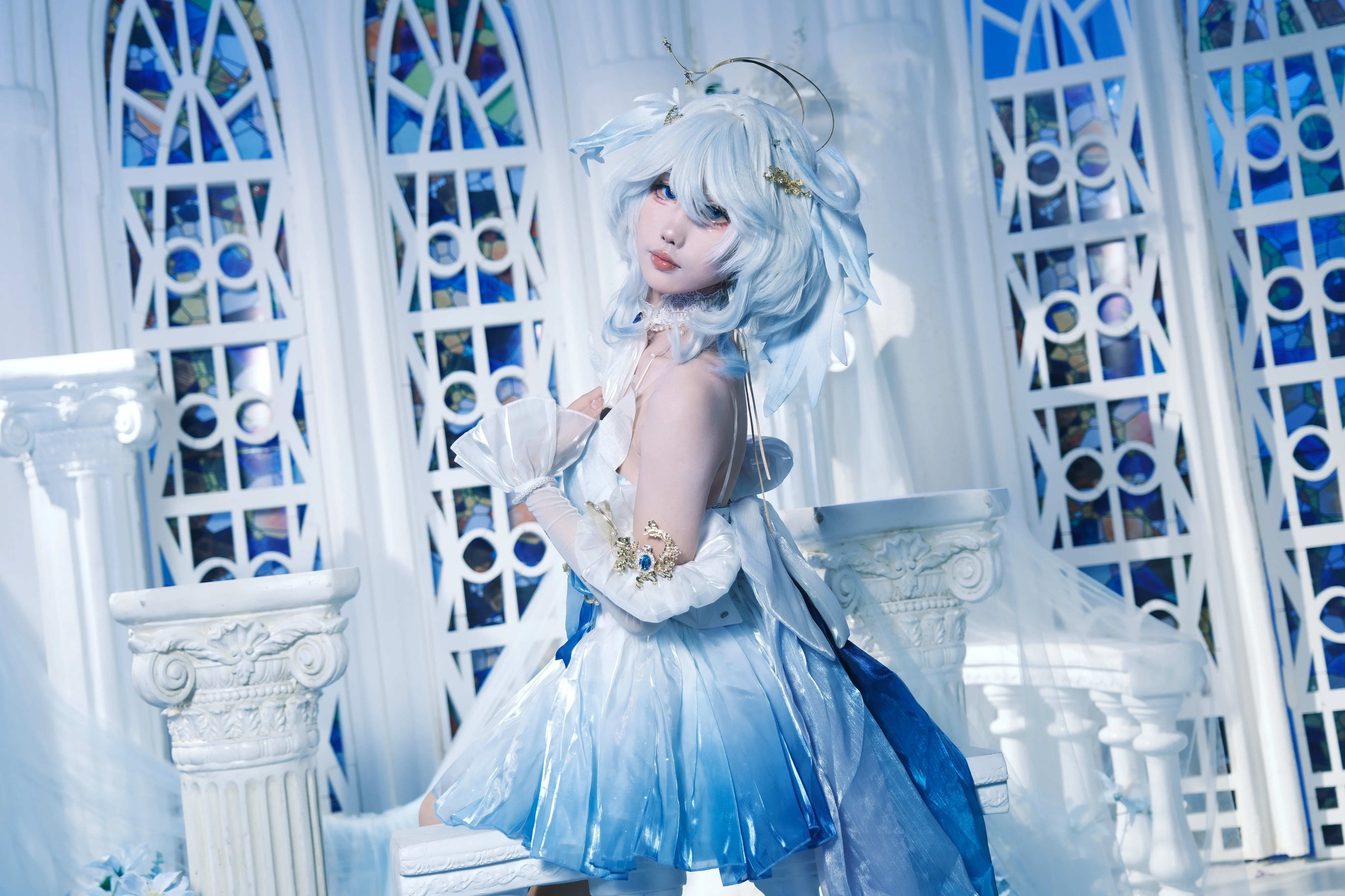 【芙宁娜cos】原神水神蓝白渐变裙装实拍分享