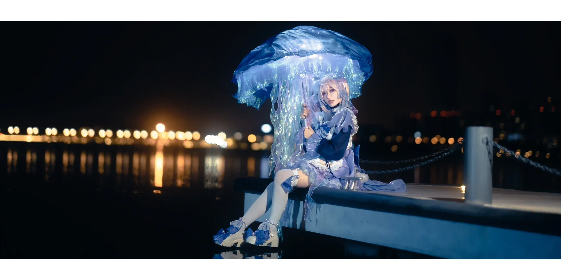 【心海cos】原神珊瑚宫心海发光水母伞码头夜景