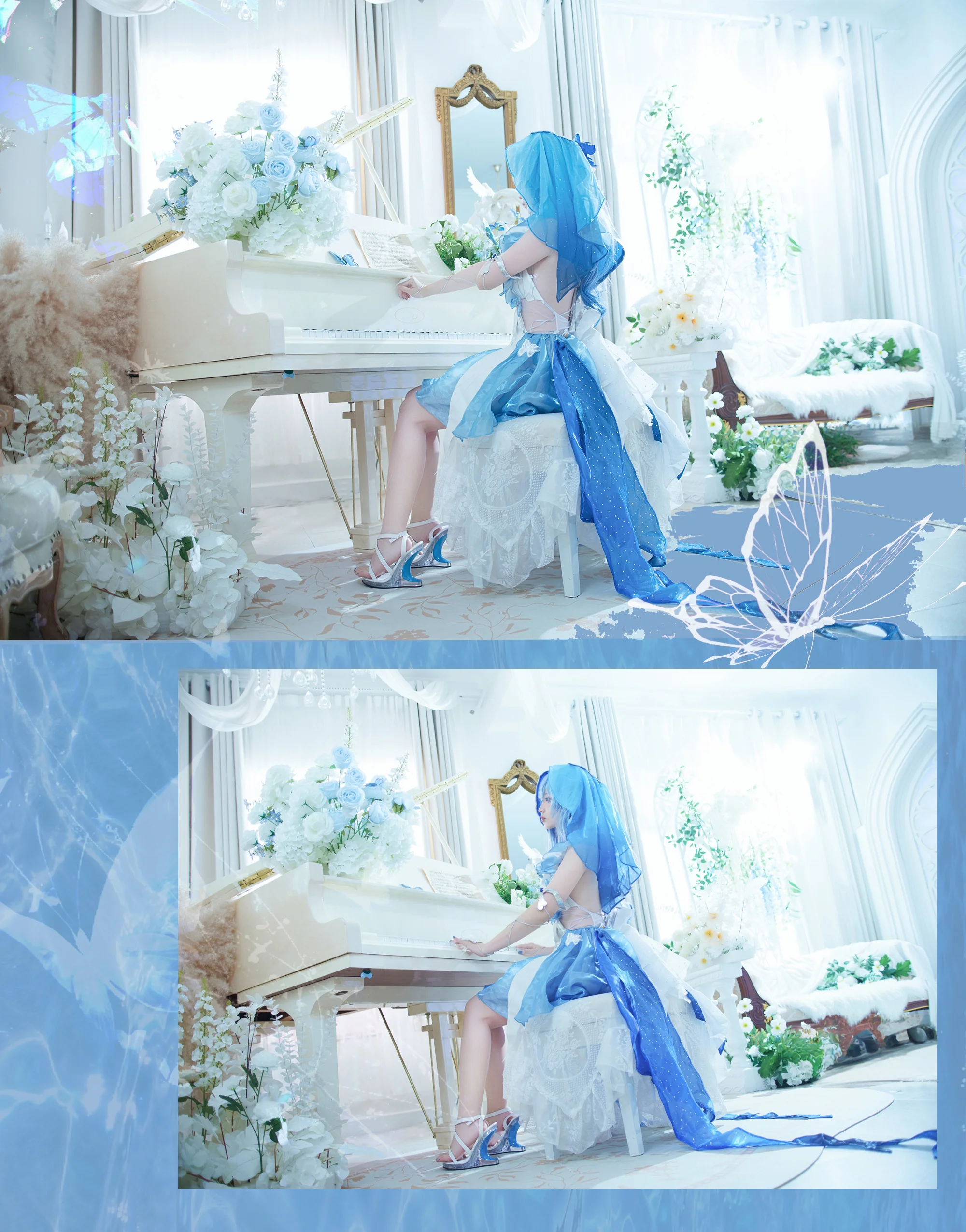 蓝白配色鸣潮COS，钢琴边的梦幻瞬间 - 第 3 张