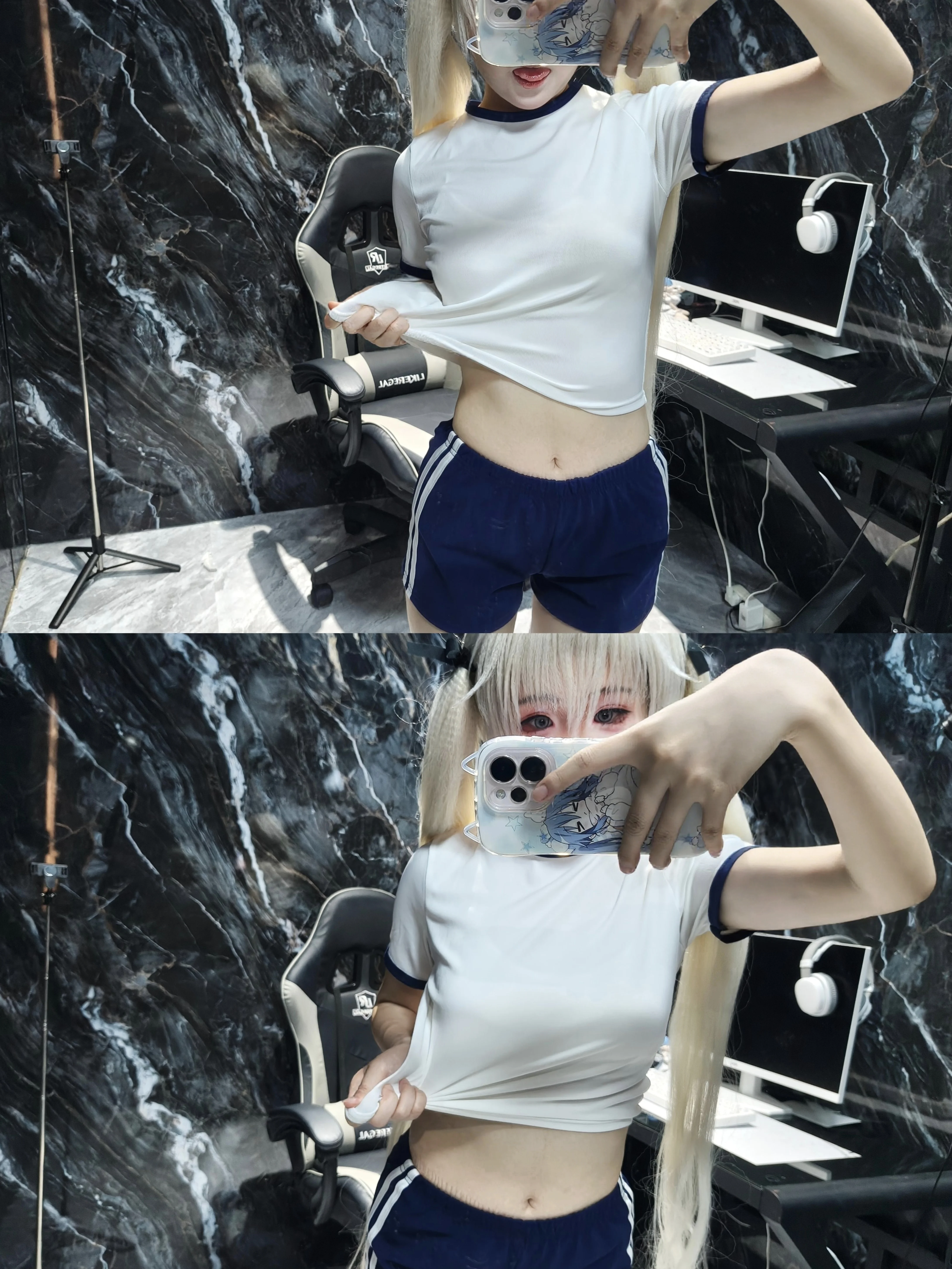 【穹妹cos】缘之空里的日常，白T短裤加白丝