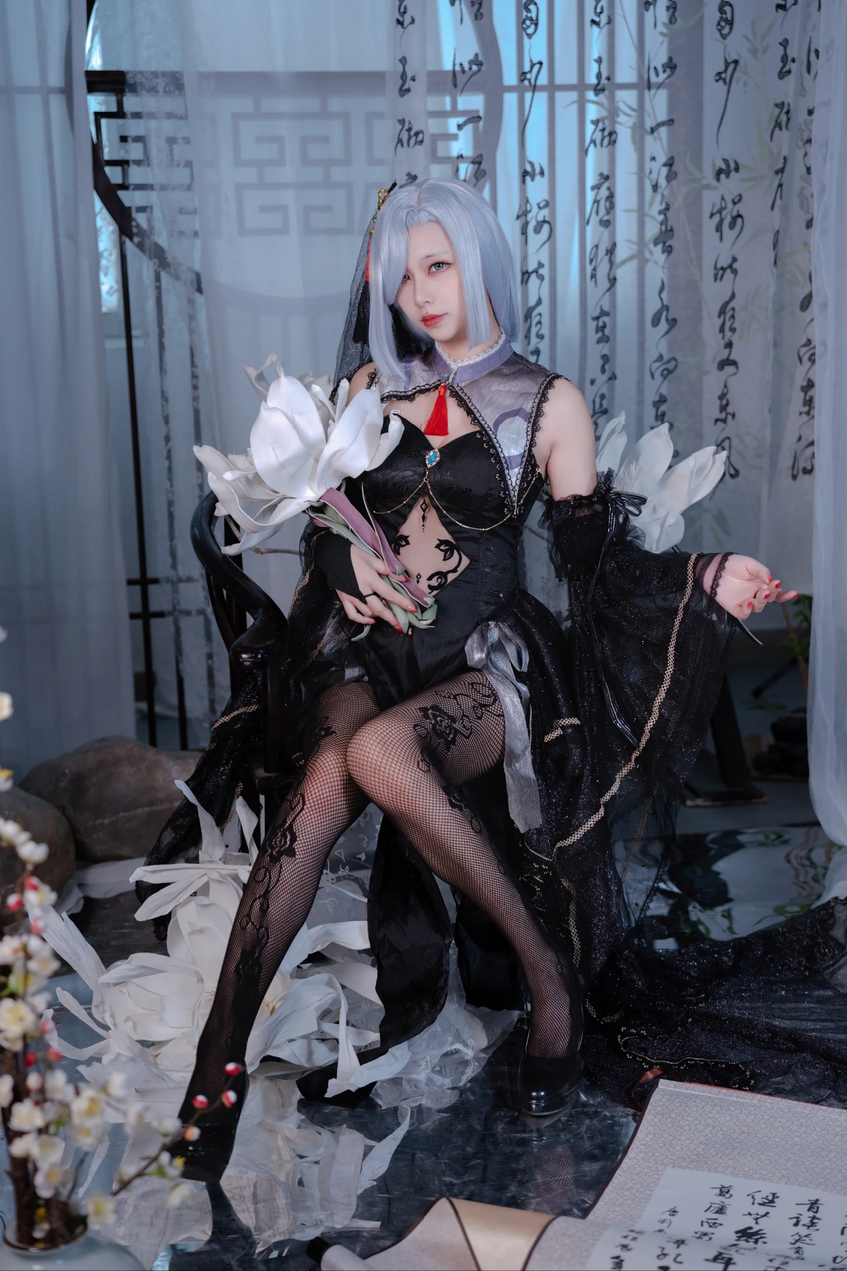 【申鹤cos】原神同人花嫁，黑纱透纱演绎清冷美感
