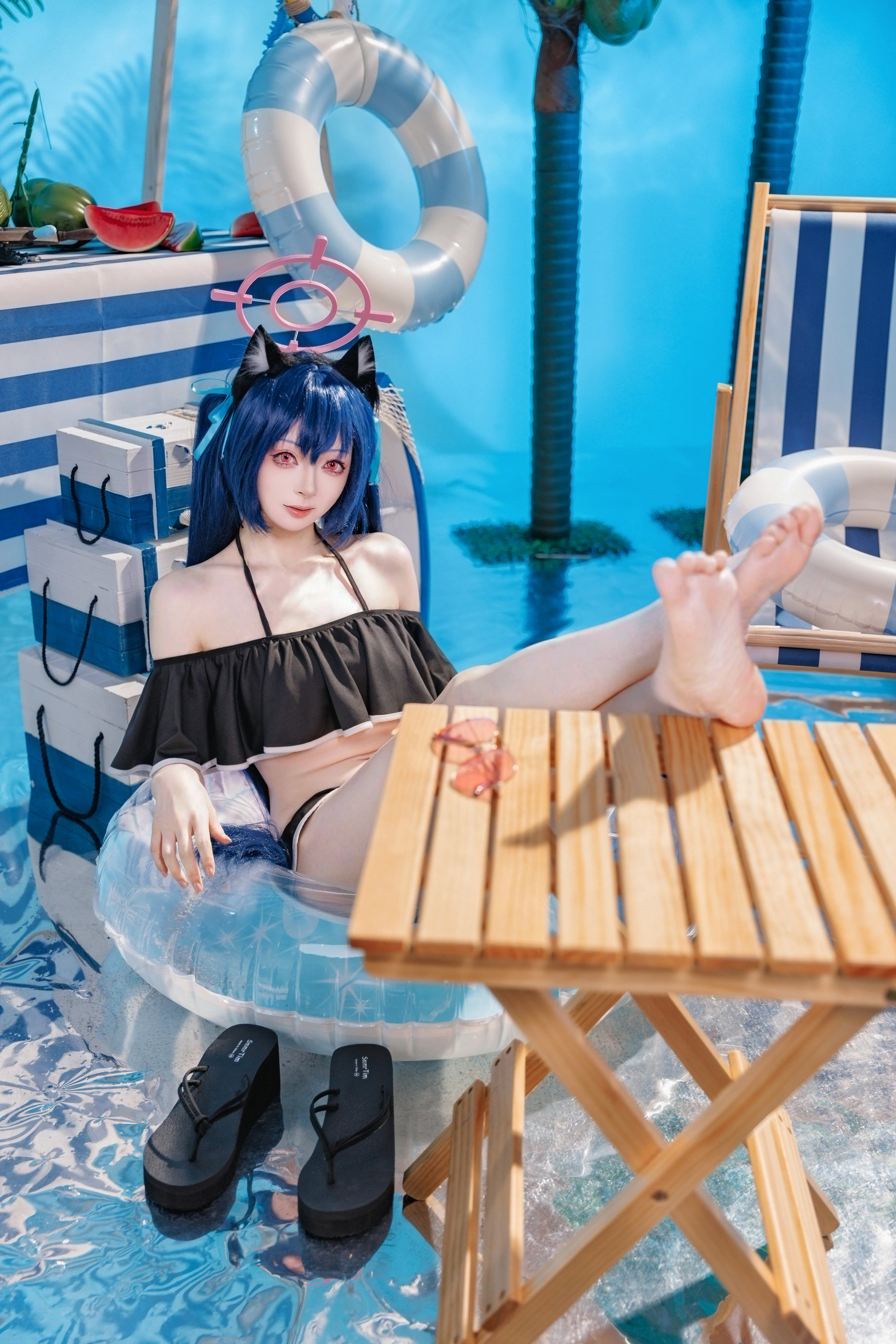 【黑见芹香cos】蔚蓝档案夏日泳装，躺平式拍片实录