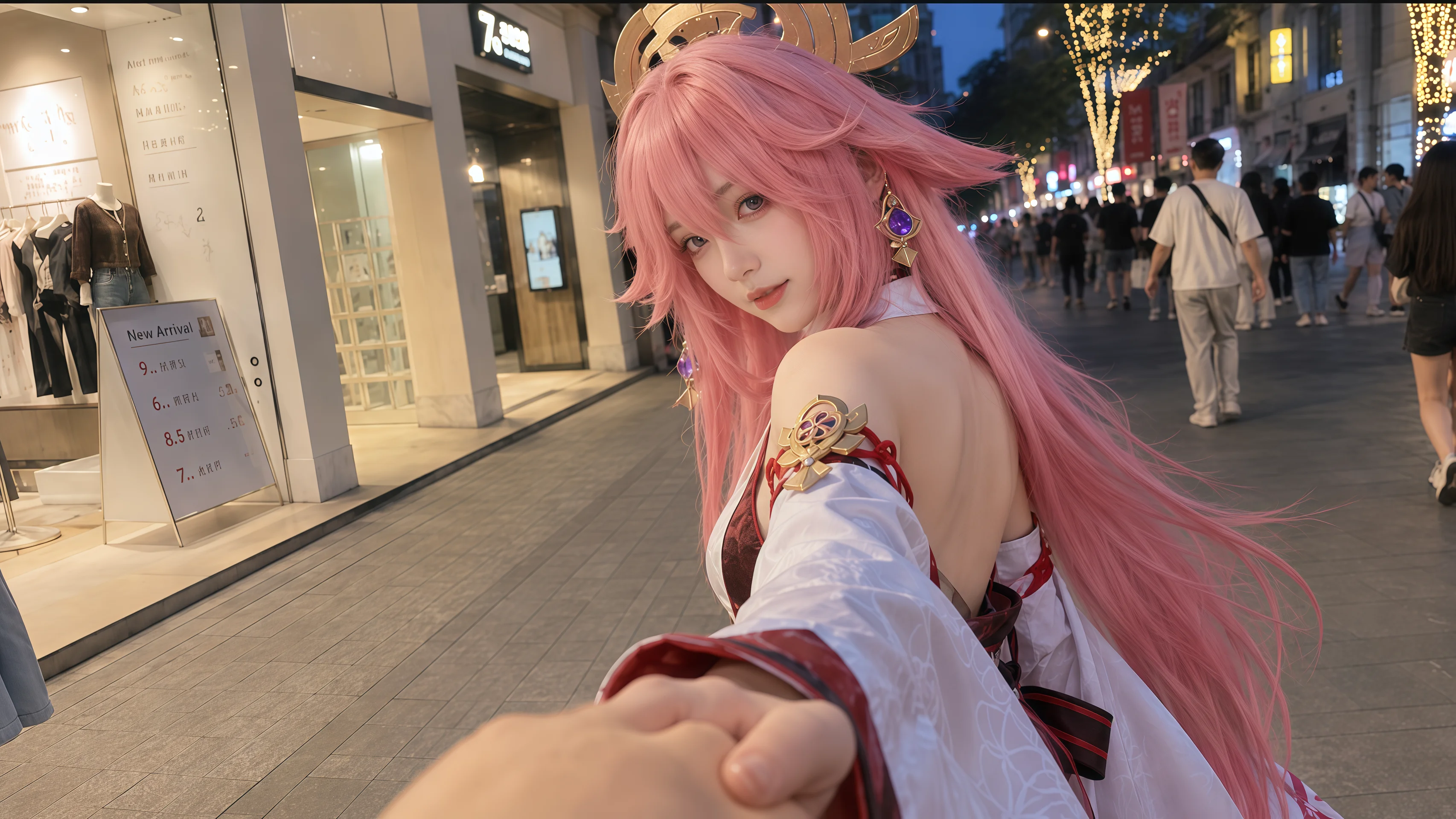 【八重神子 コスプレ】現実世界の商店街に現れた紫電の狐影 - 1 枚目
