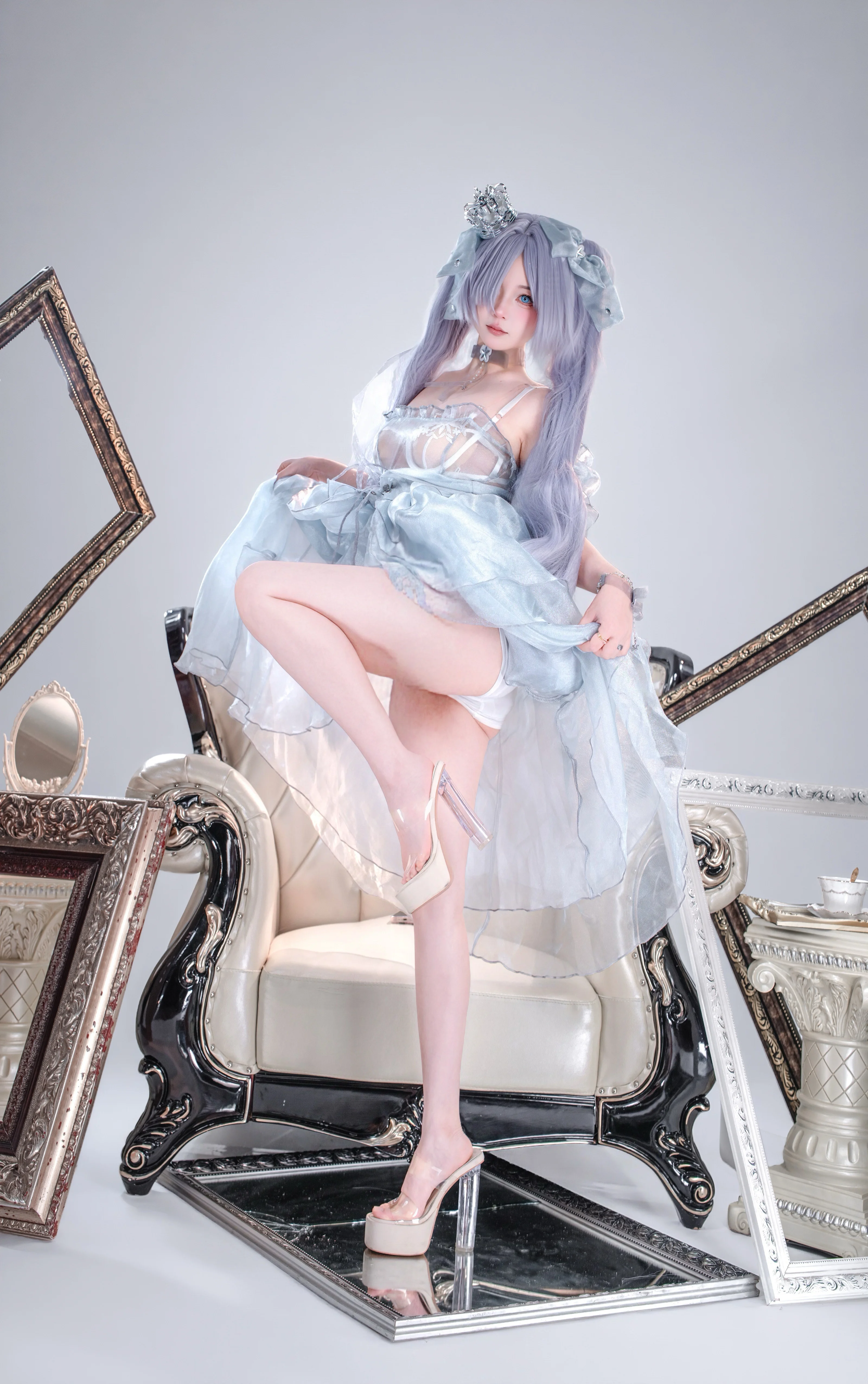 [Cinderella Cosplay] Aqua-Blue Sheer Tulle and Crystal Shoes Above the Mirror - Image 2