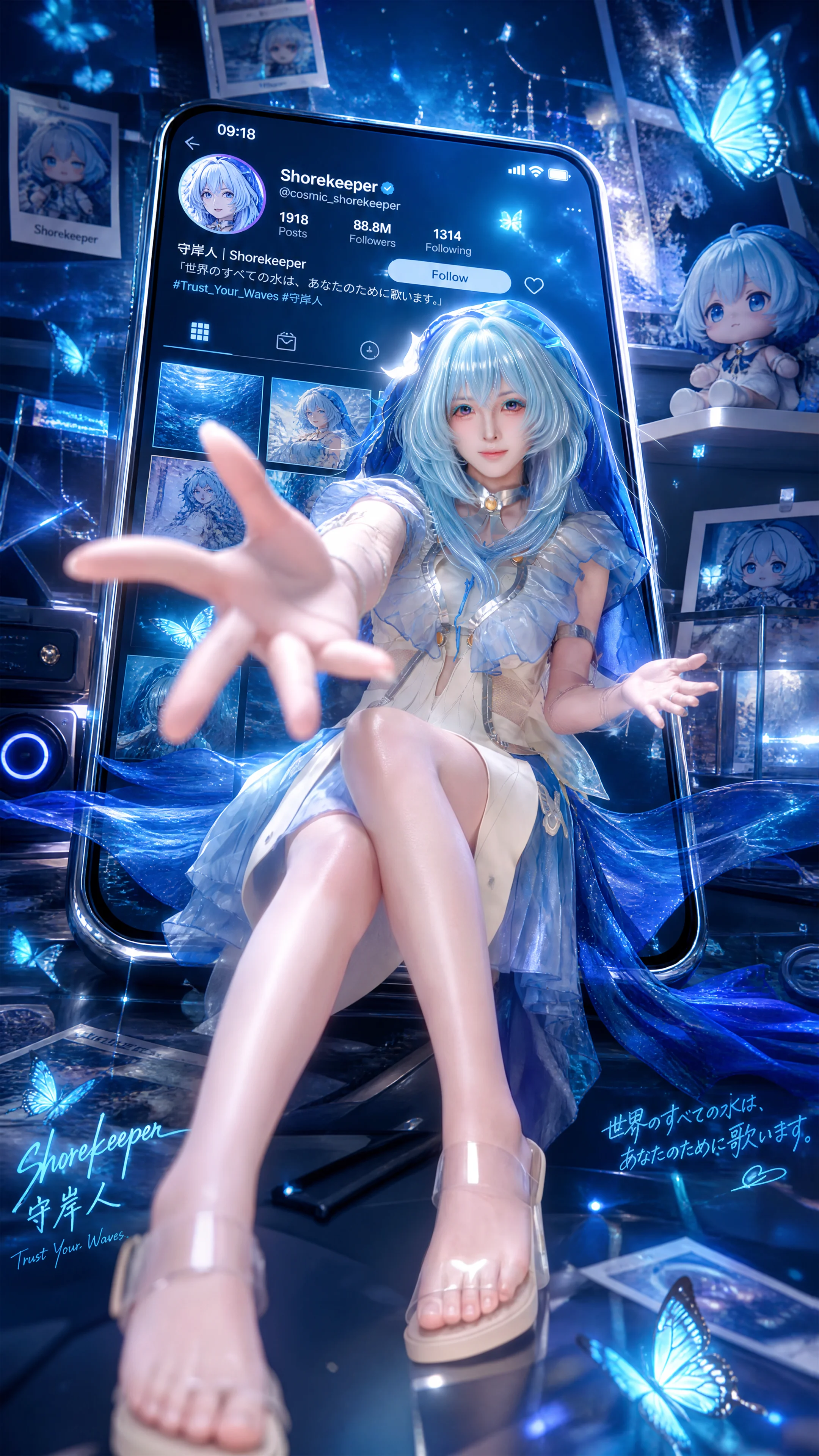 【守岸人cos】重现鸣潮之境，蓝光与水波交织的静谧感 - 第 1 张