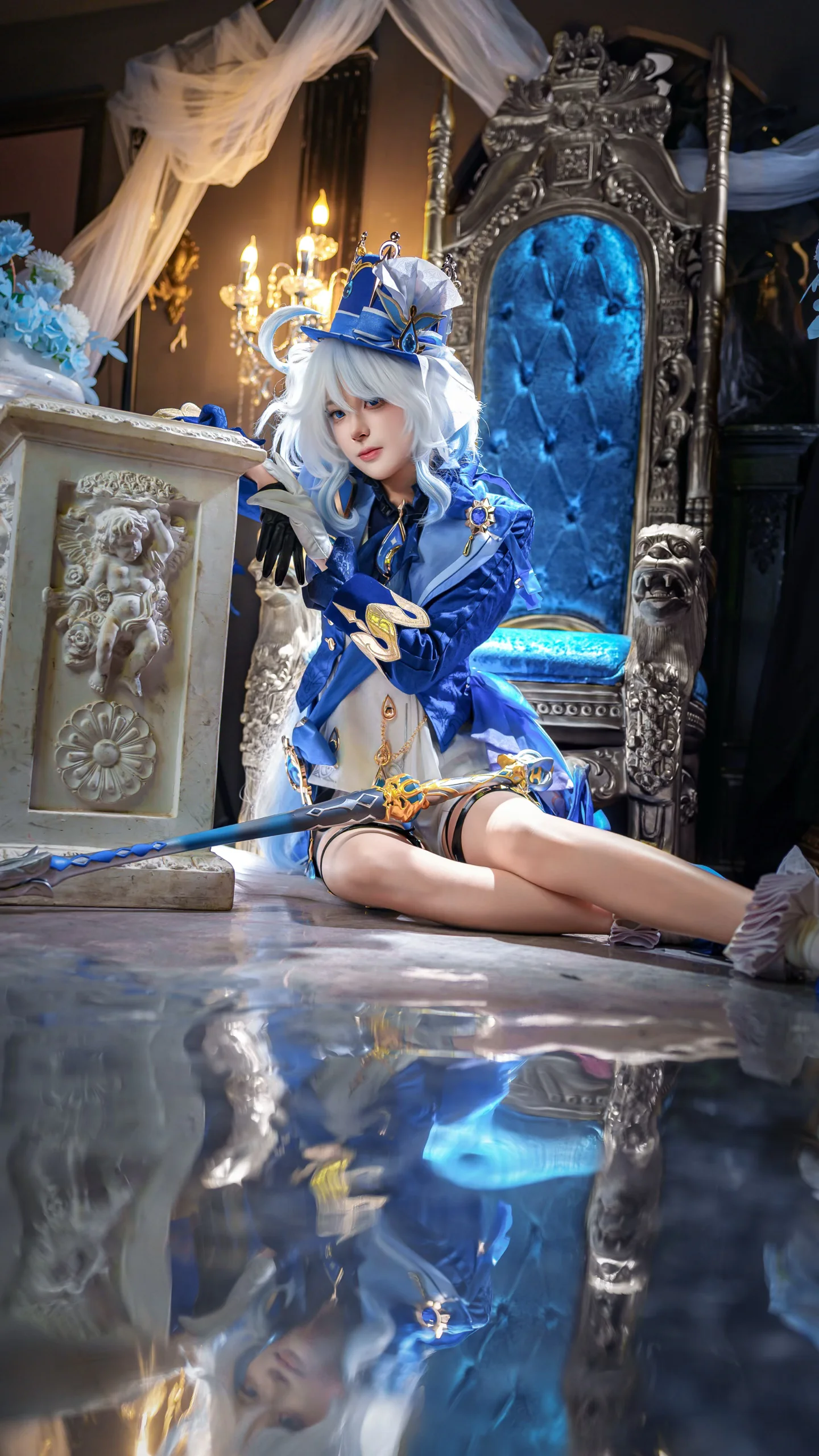 【芙宁娜cos】原神蓝调老图重修，镜面倒影氛围感拉满