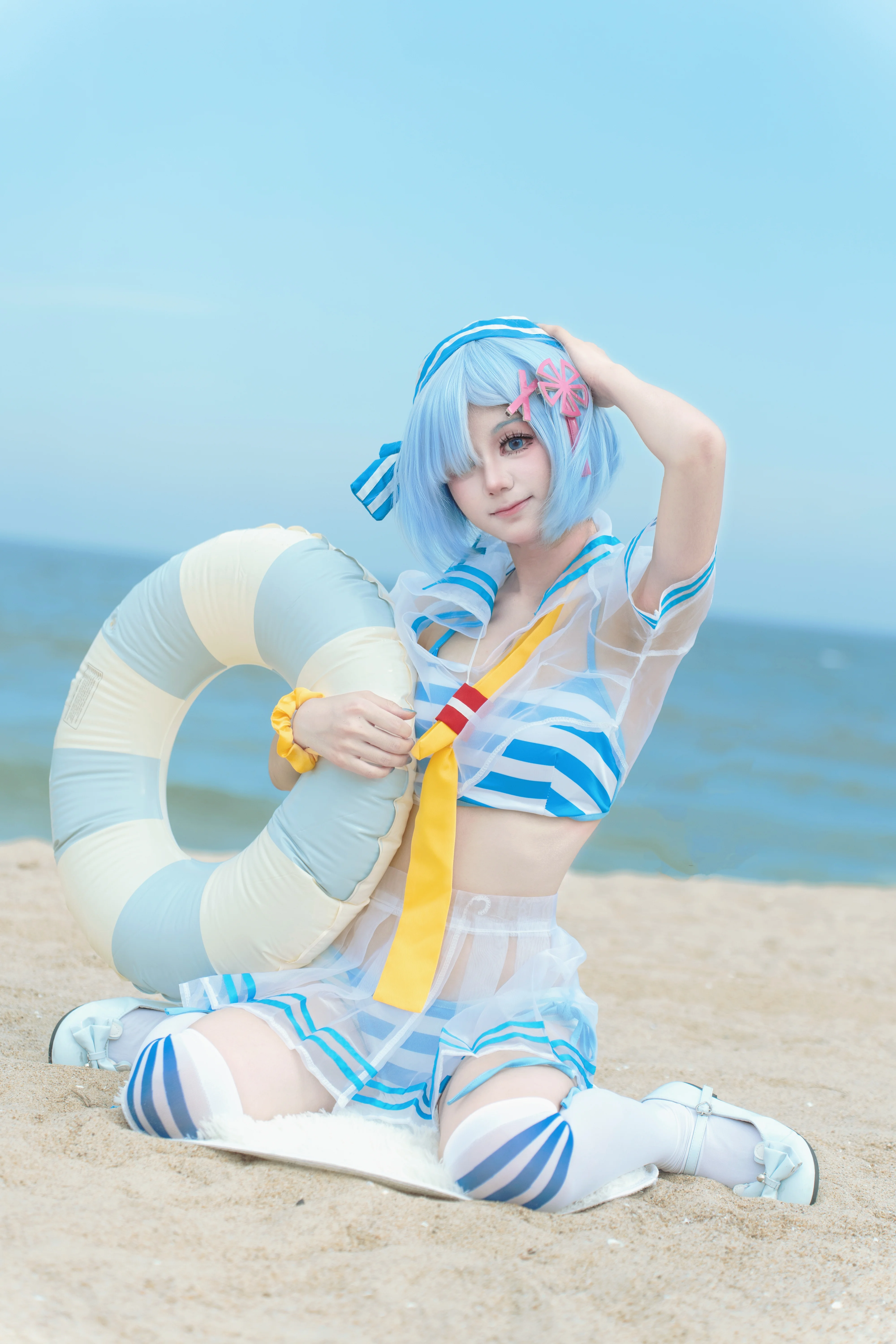 【蕾姆cos】Re:从零开始的异世界生活，海滨蓝白条纹泳装记录 - 第 1 张