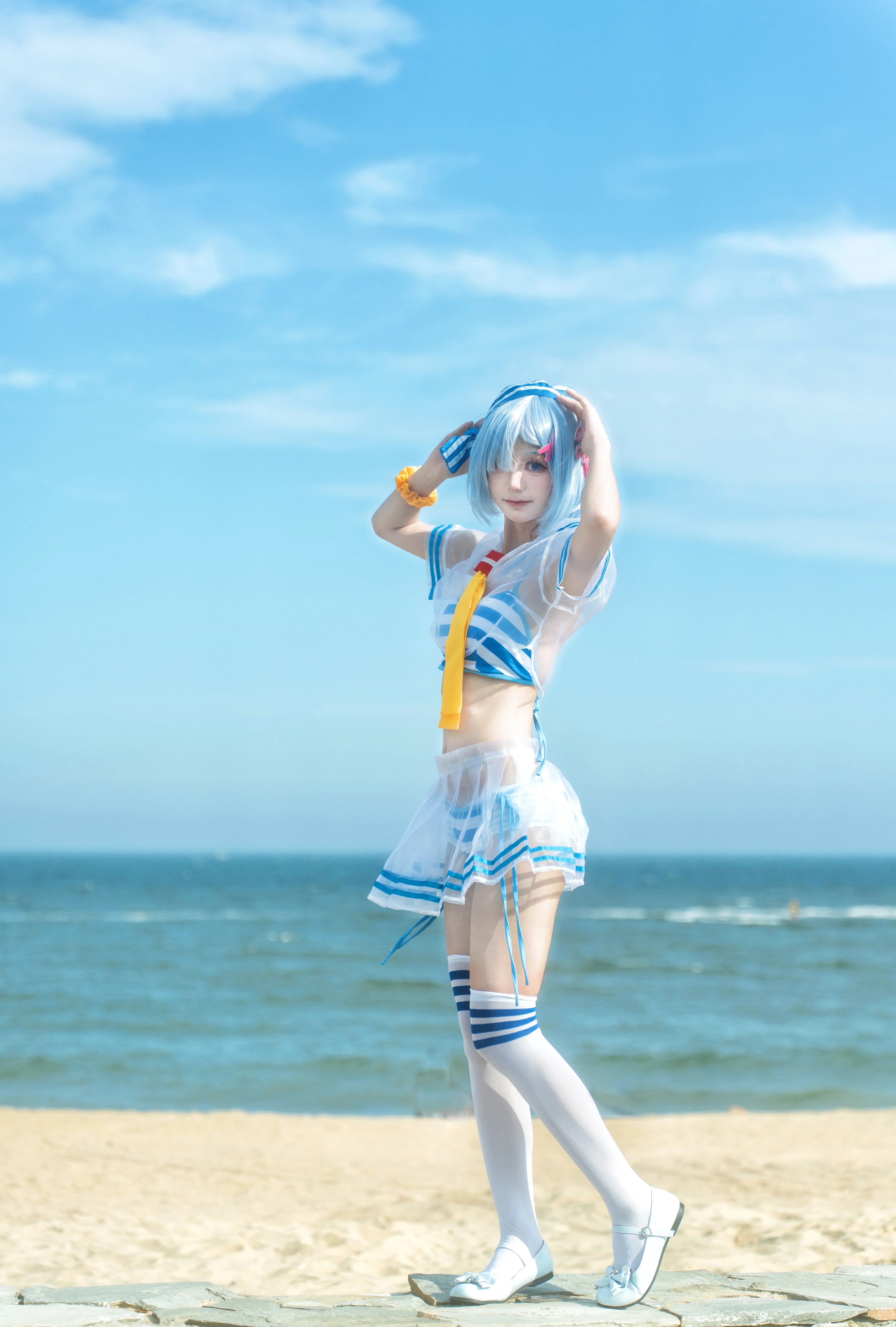 【蕾姆cos】Re:从零开始的异世界生活，海滨蓝白条纹泳装记录
