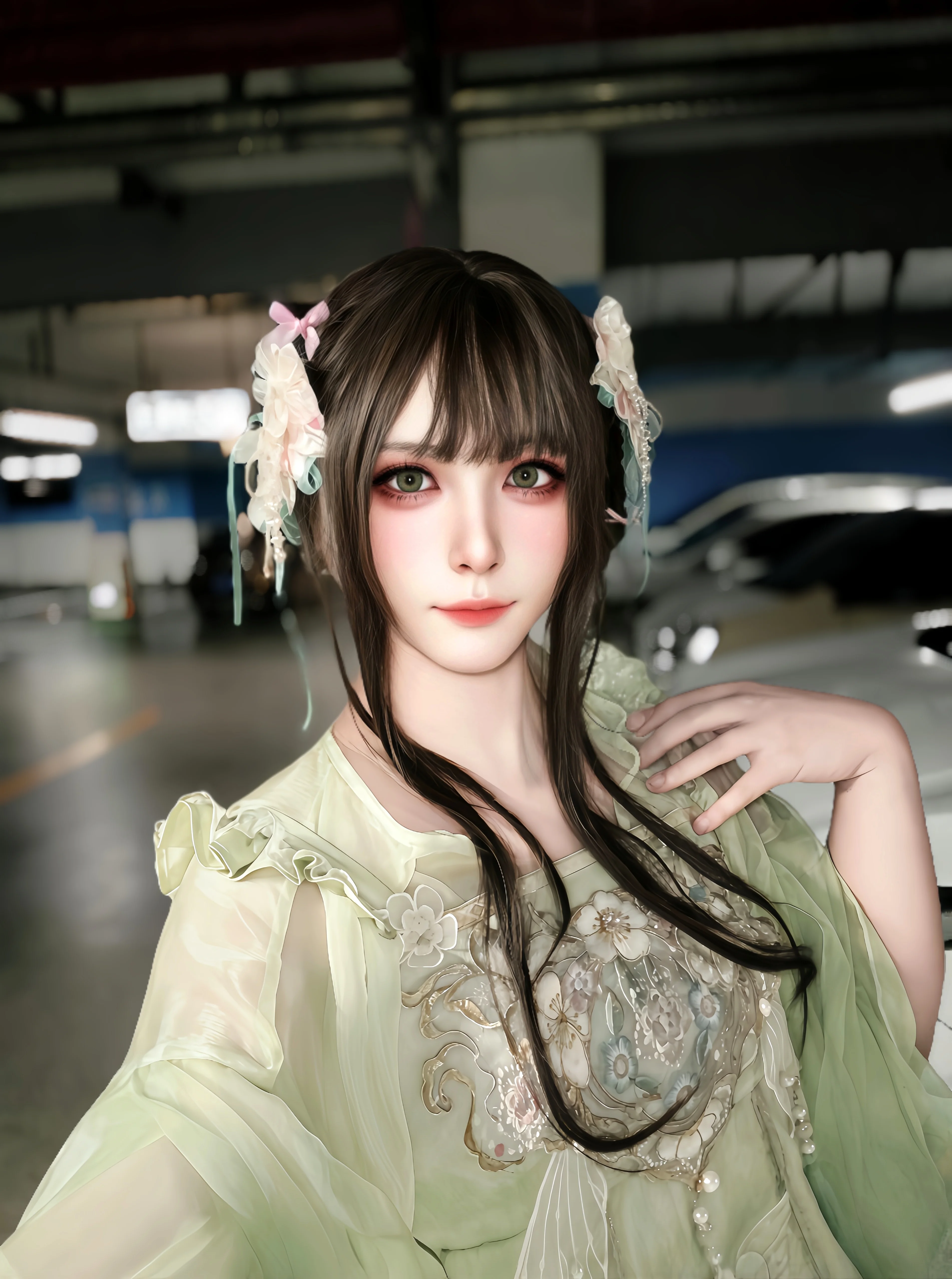 薄荷绿中华风Lolita汉服和地下车库的反差感 - 第 1 张
