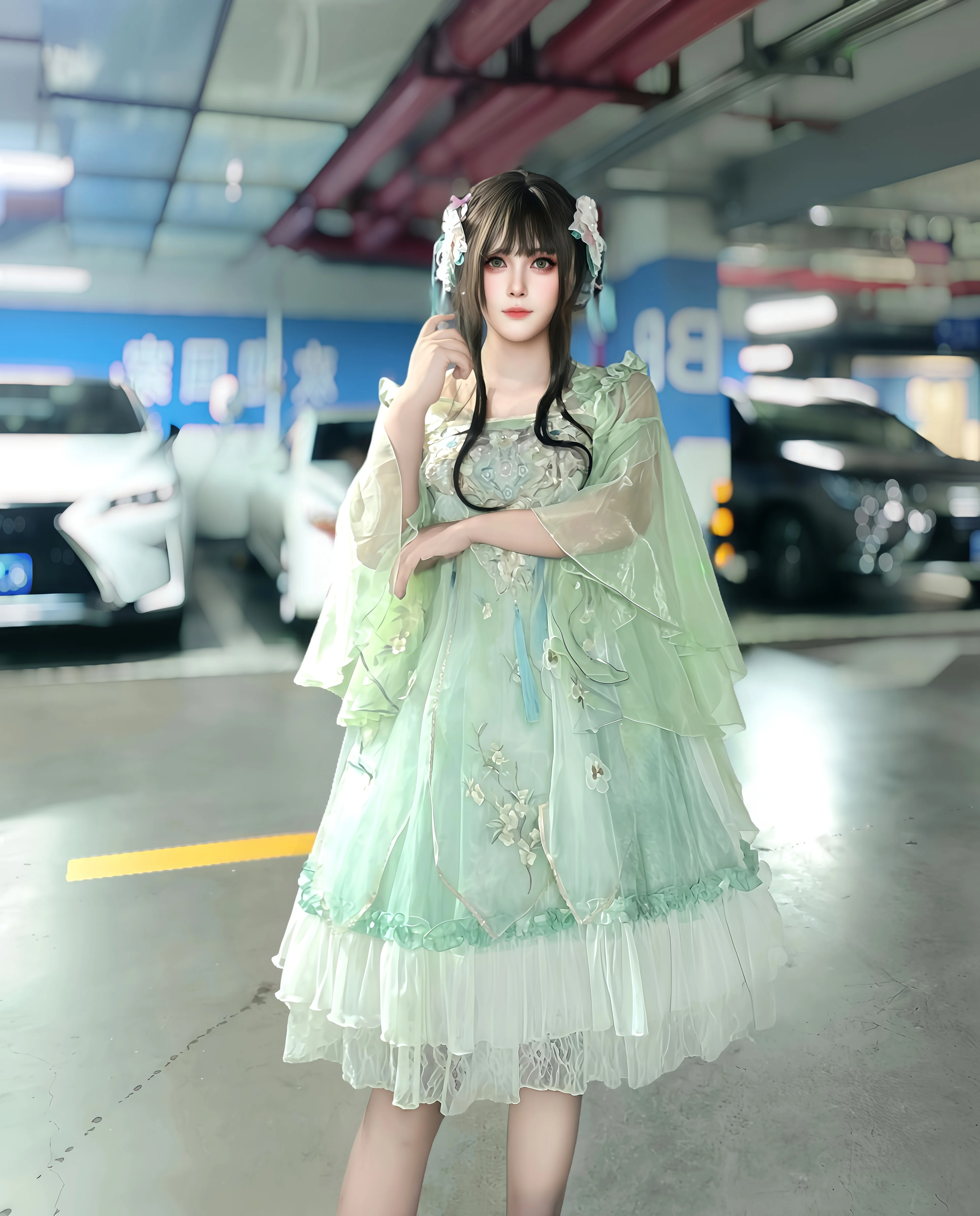 薄荷绿中华风Lolita汉服和地下车库的反差感 - 第 10 张