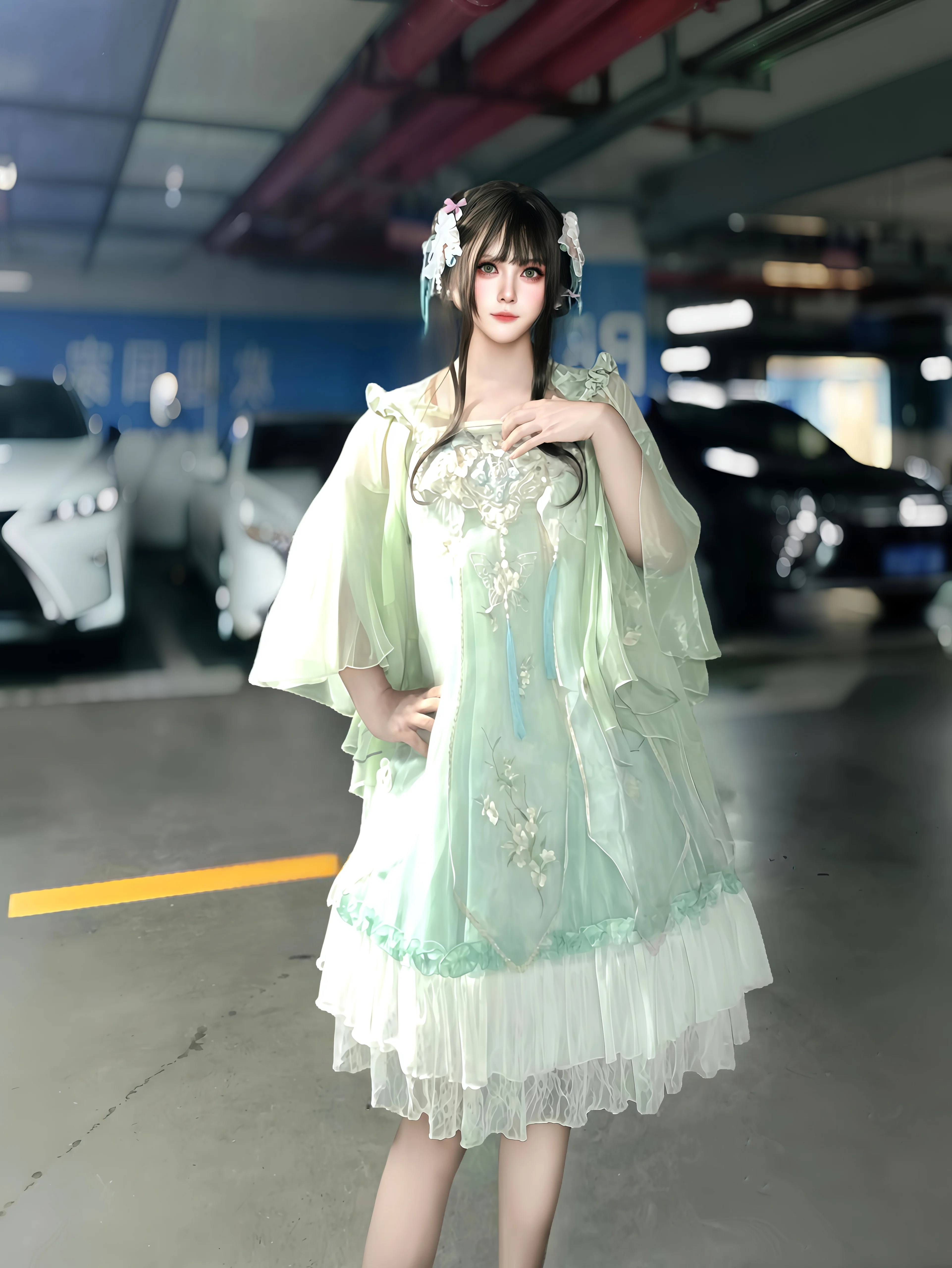 薄荷绿中华风Lolita汉服和地下车库的反差感 - 第 11 张
