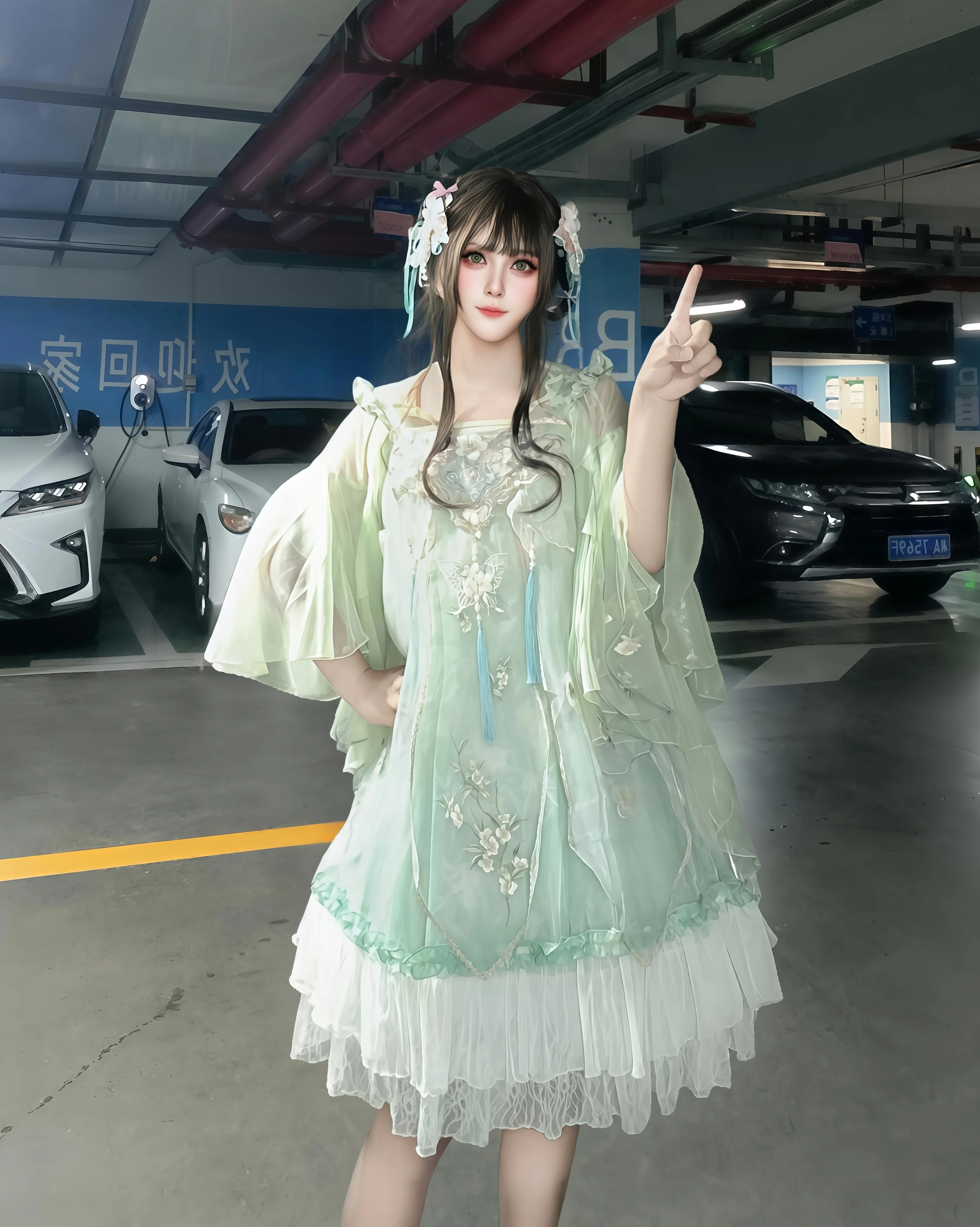 薄荷绿中华风Lolita汉服和地下车库的反差感 - 第 12 张