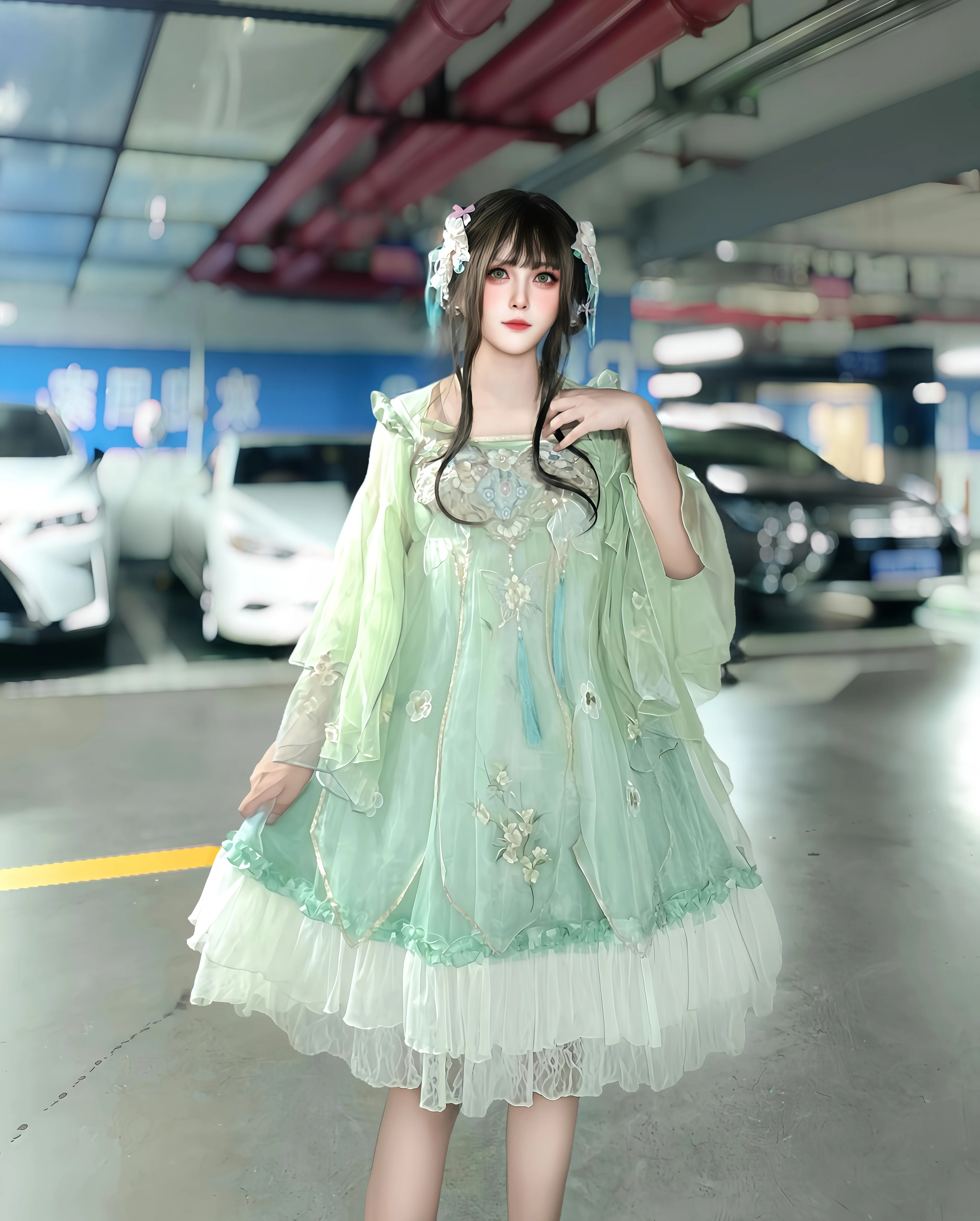 薄荷绿中华风Lolita汉服和地下车库的反差感 - 第 2 张