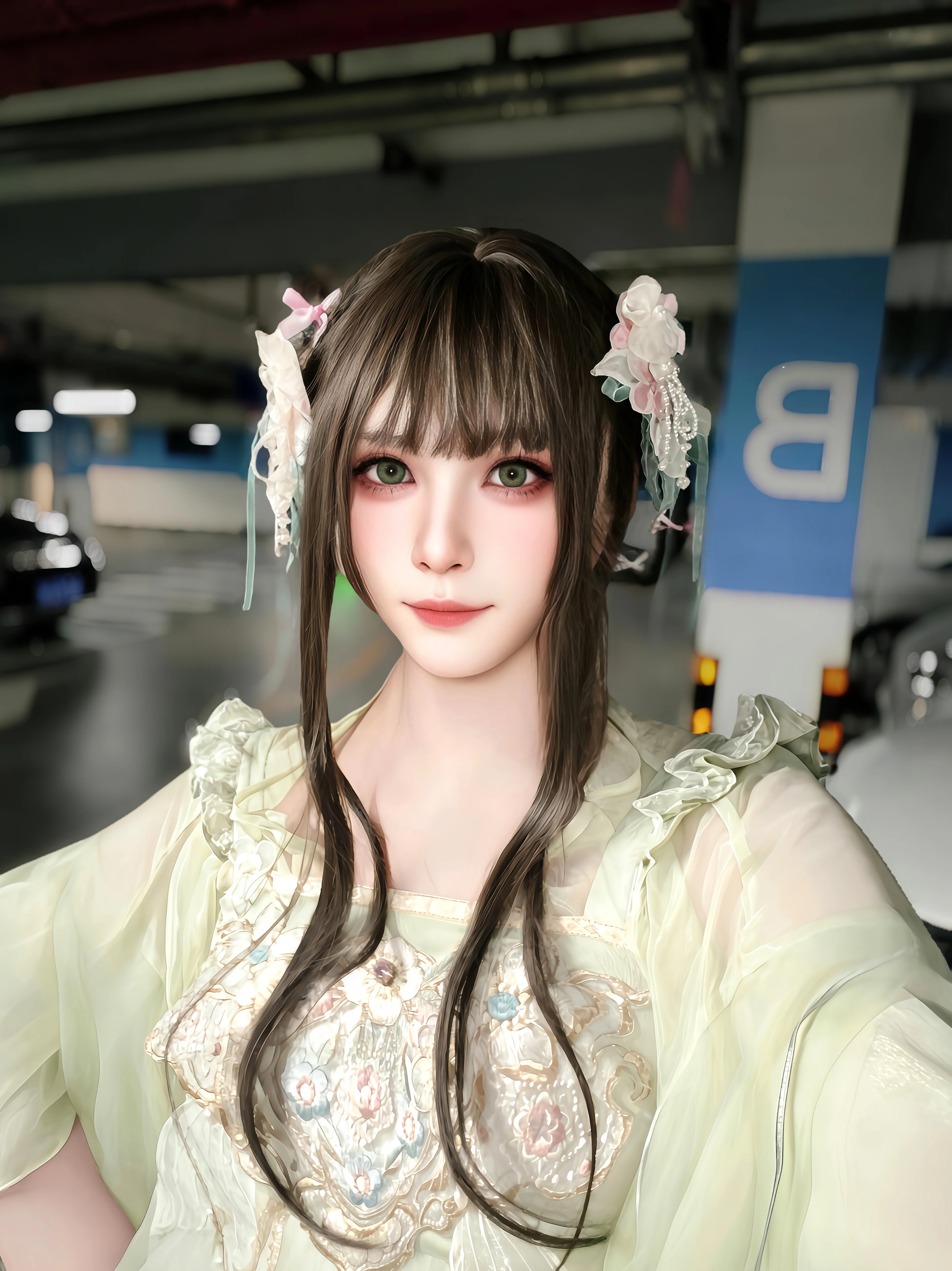薄荷绿中华风Lolita汉服和地下车库的反差感