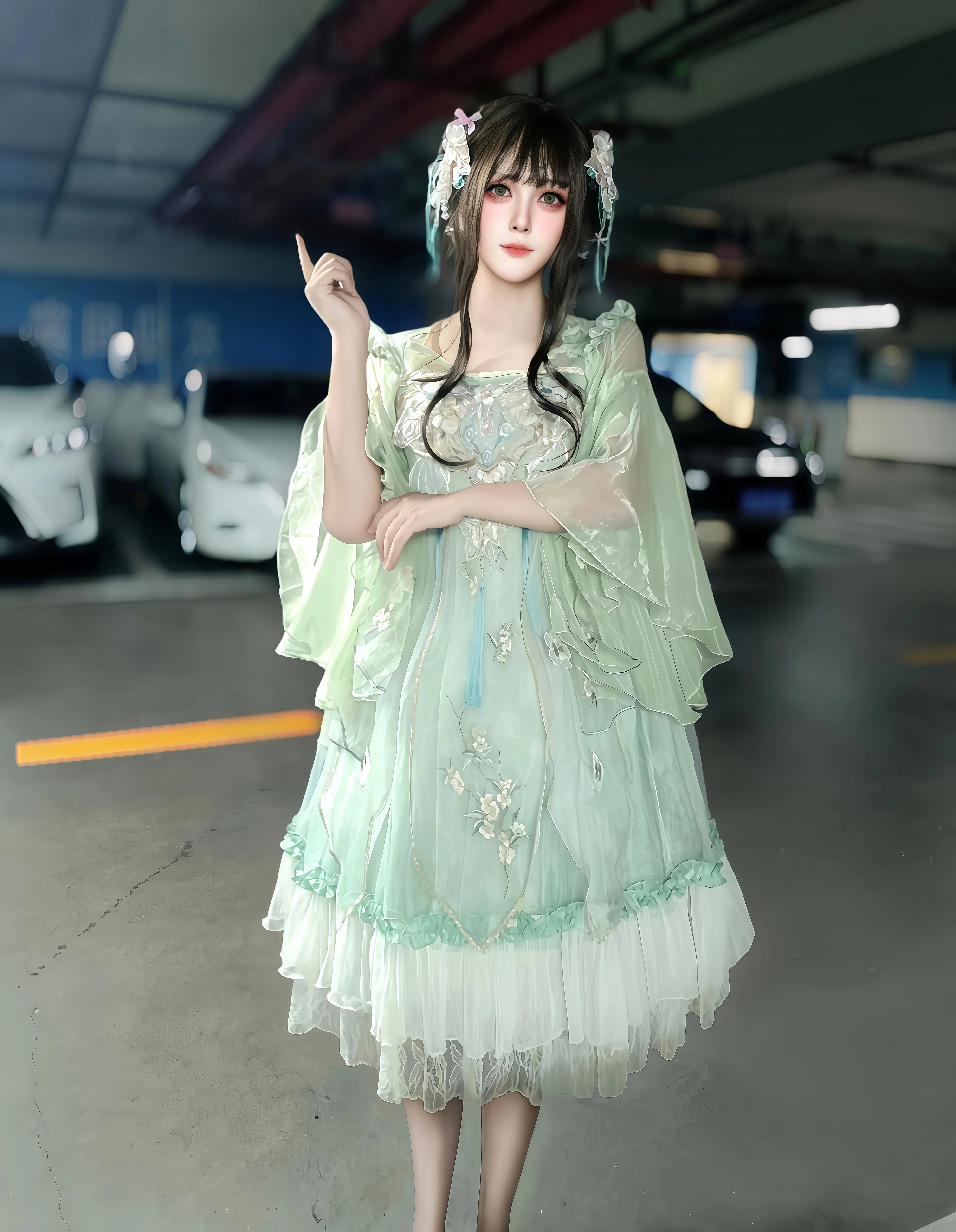 薄荷绿中华风Lolita汉服和地下车库的反差感 - 第 5 张