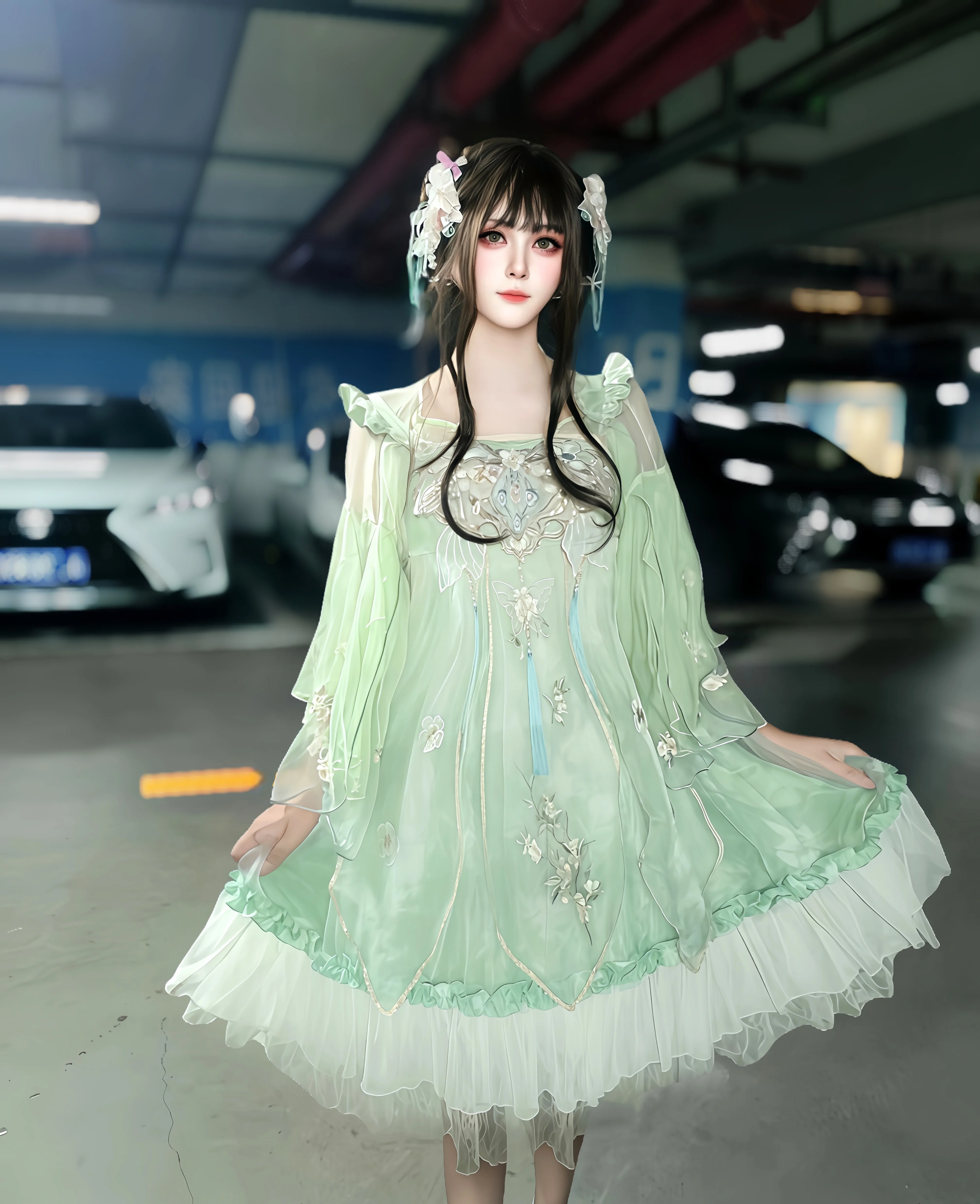 薄荷绿中华风Lolita汉服和地下车库的反差感 - 第 6 张