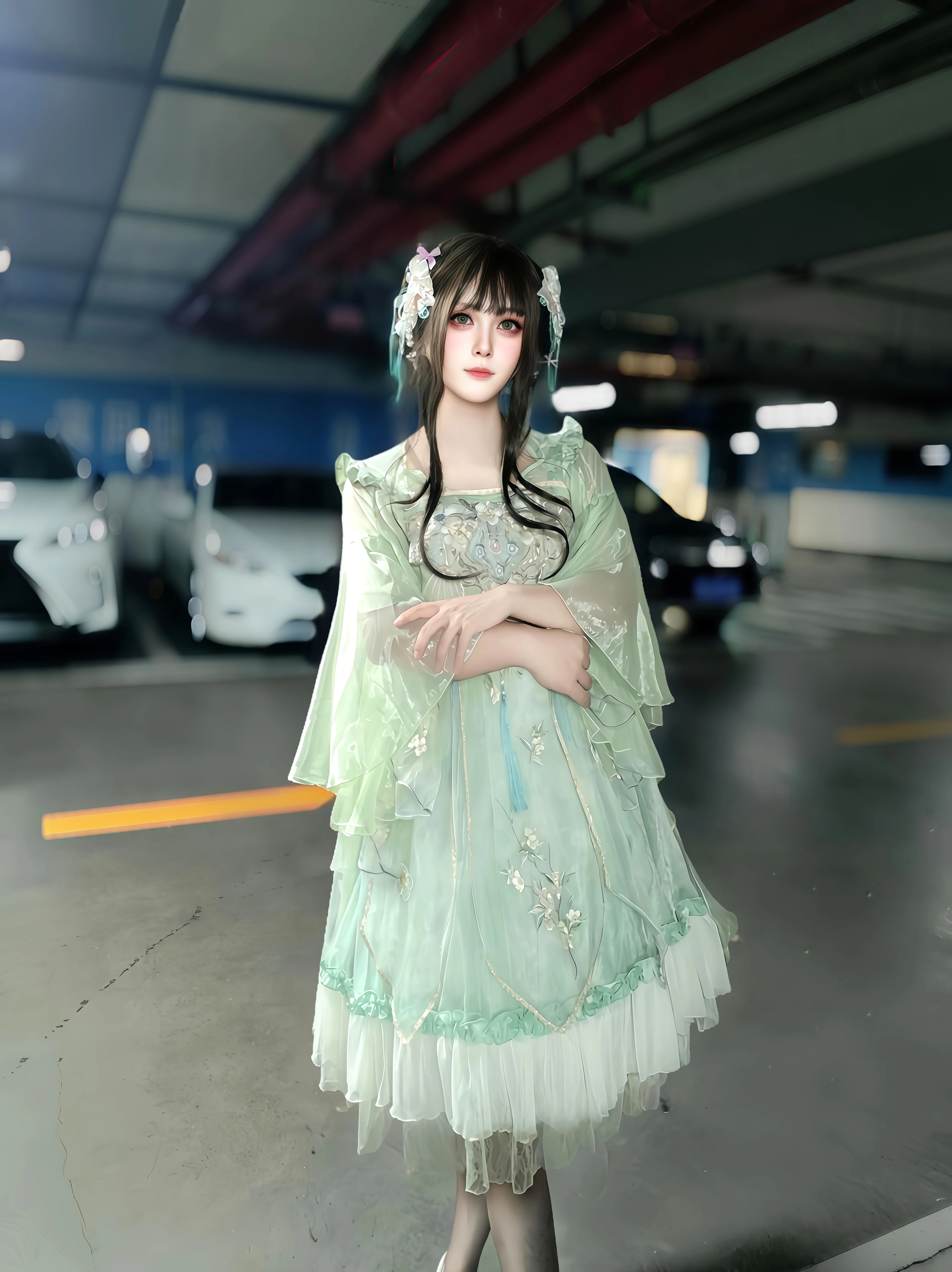 薄荷绿中华风Lolita汉服和地下车库的反差感 - 第 7 张