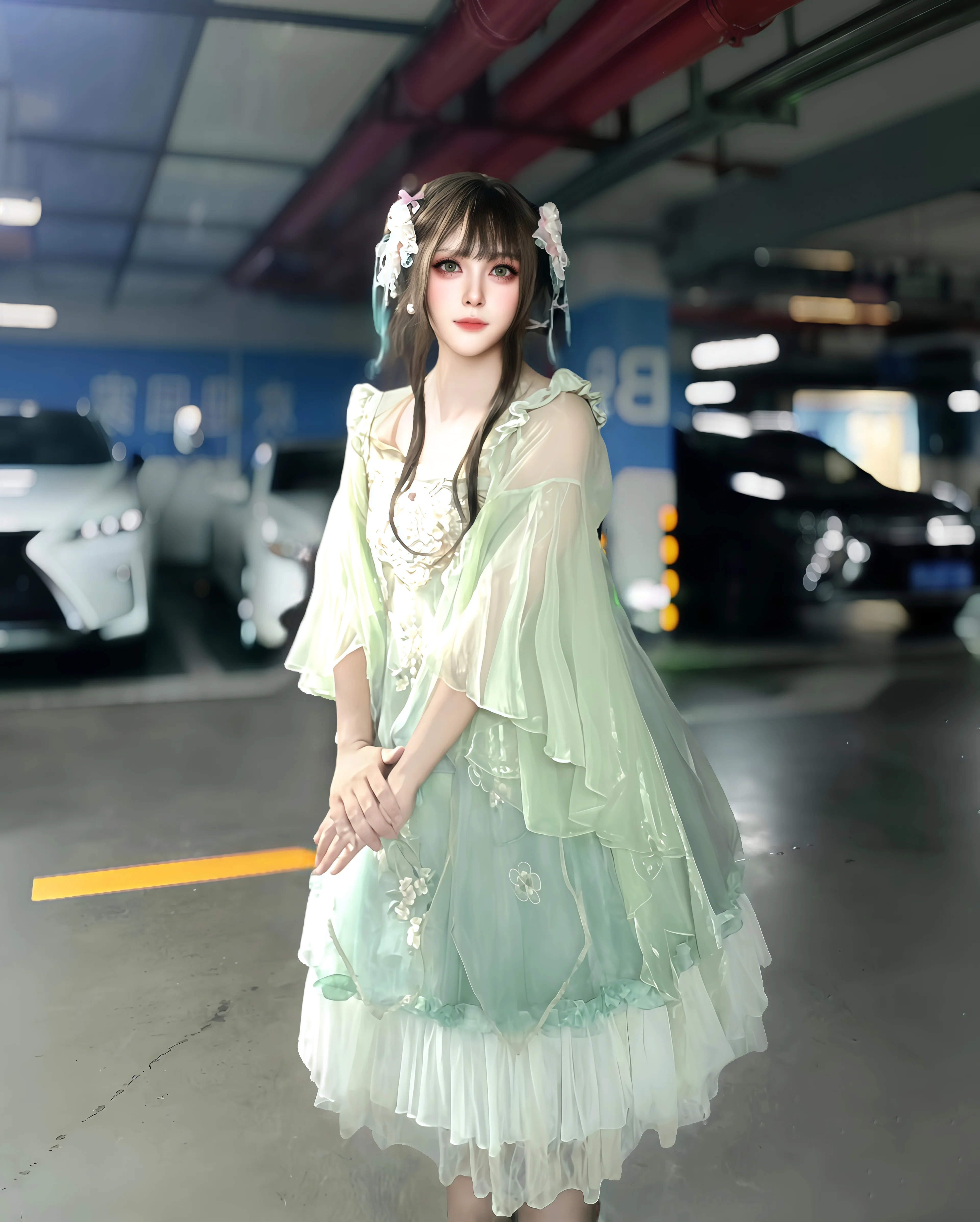 薄荷绿中华风Lolita汉服和地下车库的反差感 - 第 8 张