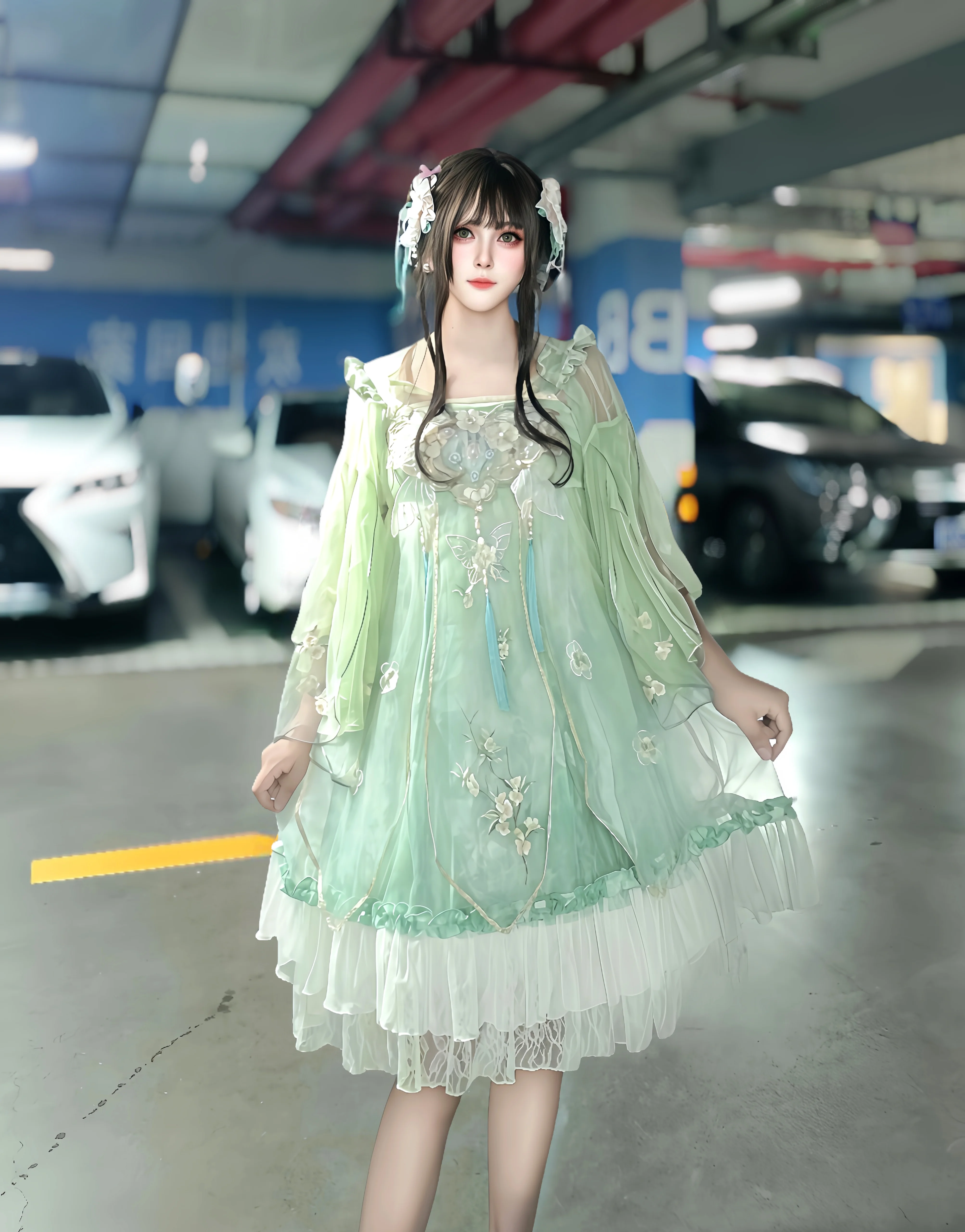 薄荷绿中华风Lolita汉服和地下车库的反差感 - 第 9 张