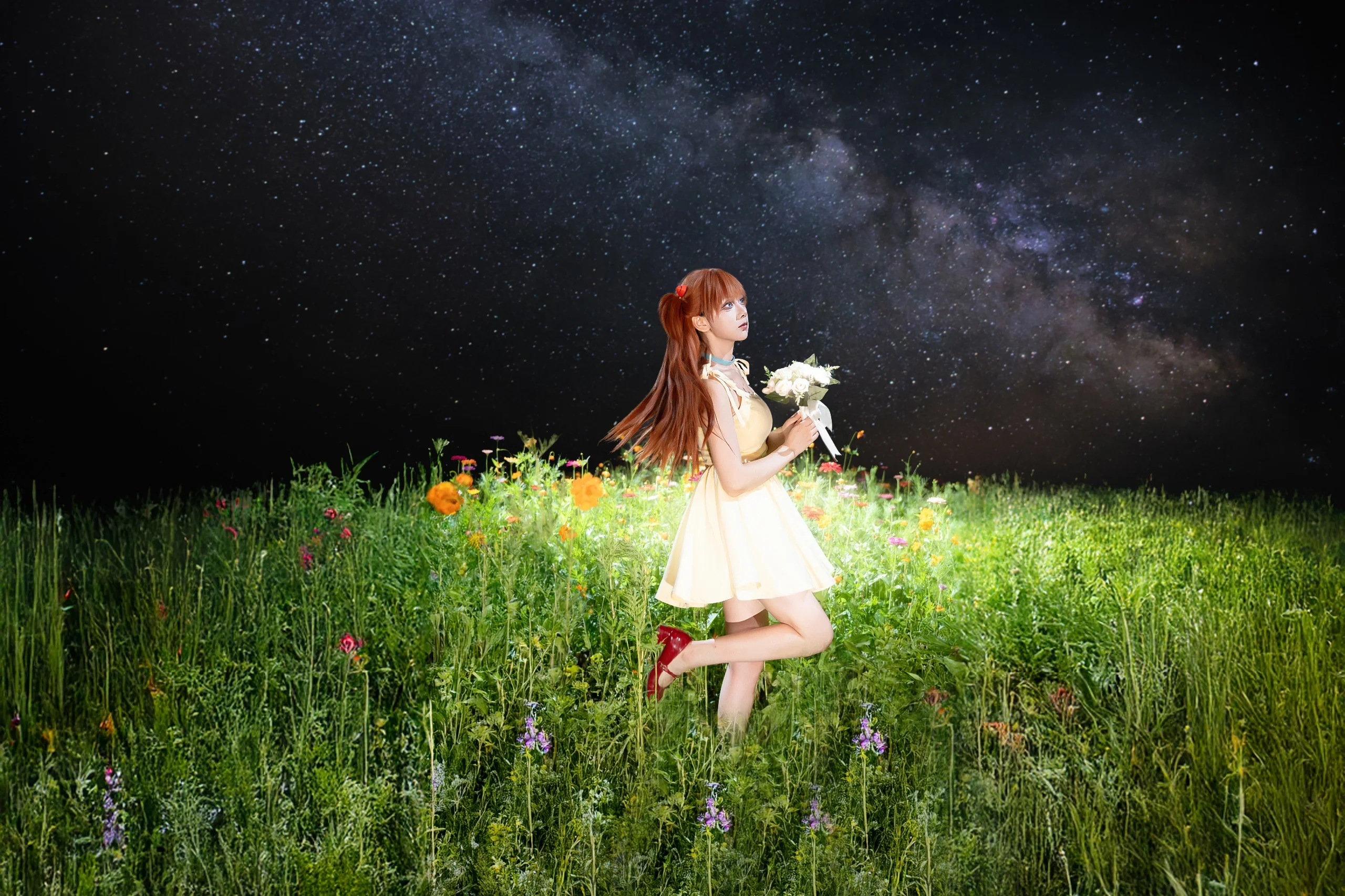 【明日香cos】黄裙与红花，在星空花海中定格 - 第 3 张