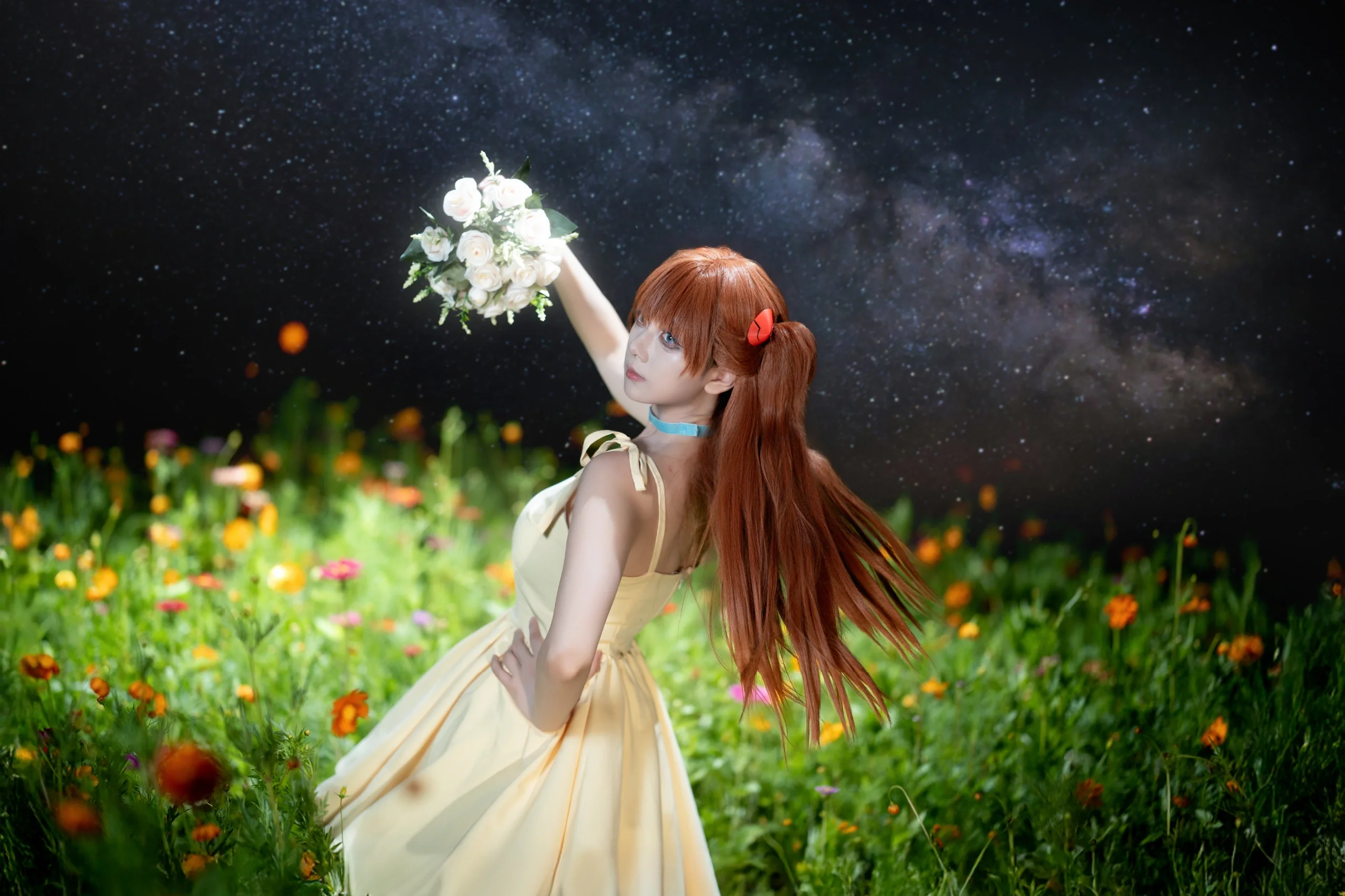 【明日香cos】黄裙与红花，在星空花海中定格 - 第 4 张